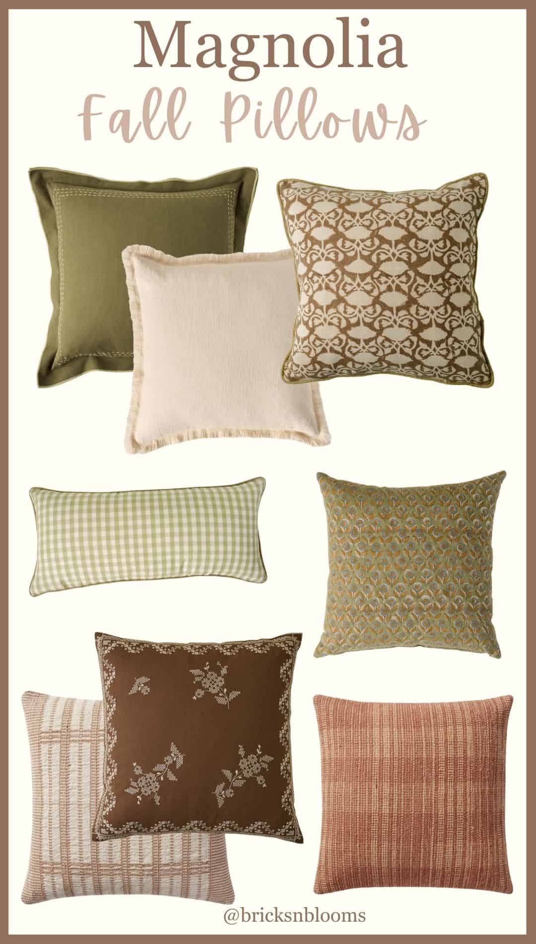 A collage of seven decorative fall pillows in green, cream, and brown tones with various patterns, including plaids, florals, and solid colors. The text reads "Magnolia Fall Pillows.