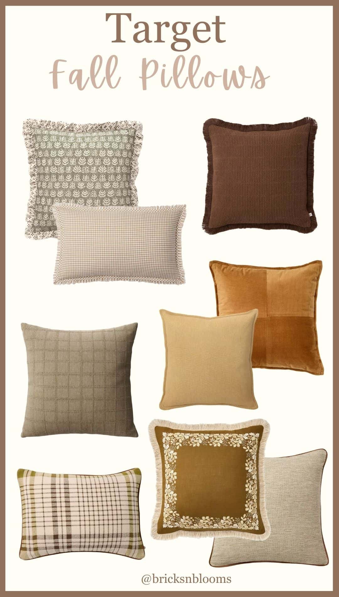 A collage of eight decorative fall pillows from Target in various textures and patterns, featuring neutral, brown, mustard, and beige tones, arranged on a cream background with "Target Fall Pillows" written at the top.