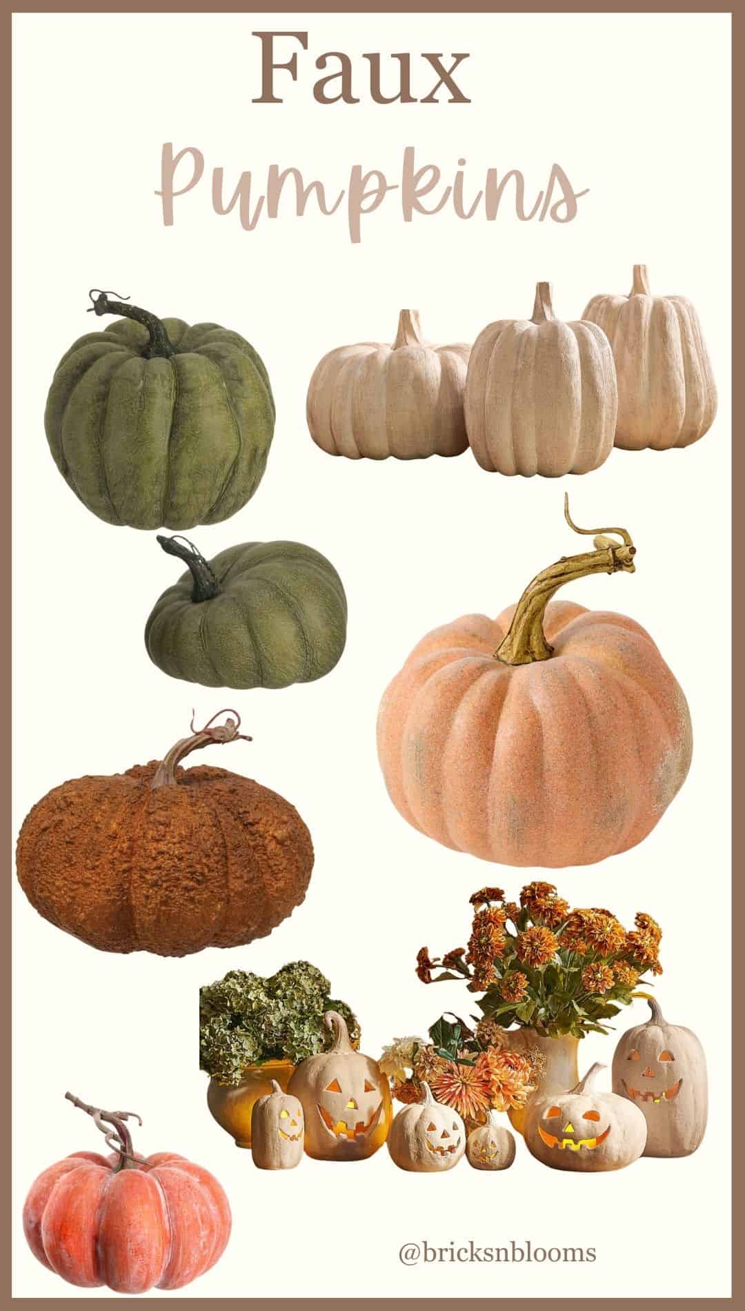 A variety of faux pumpkins in different shapes, sizes, and colors, including green, beige, orange, and peach, arranged on a white background; some decorated with flowers and carved faces.