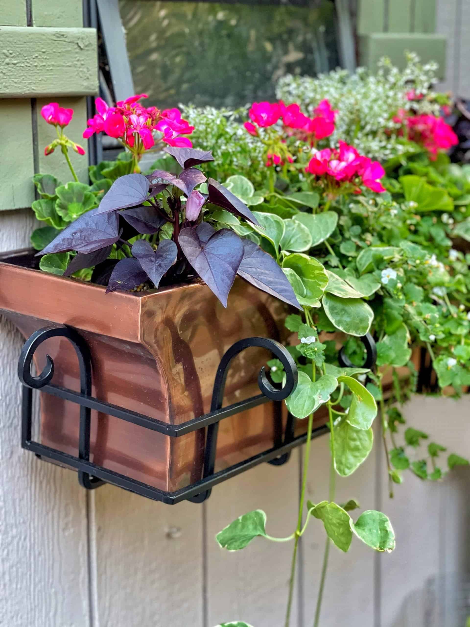 A copper window box with black metal brackets holds a mix of green and purple foliage plus bright pink flowers, mounted on a siding wall beneath a window.