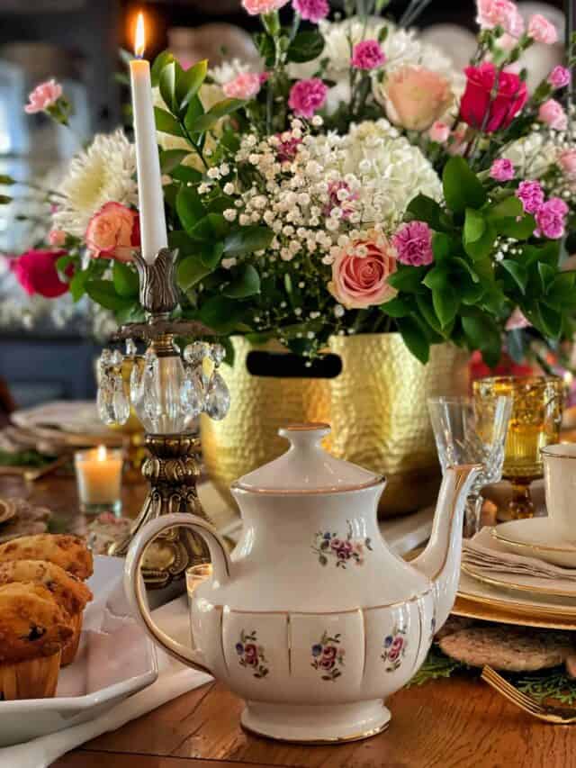serving tea in vintage teapot at Easter brunch