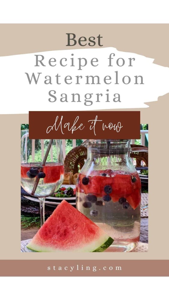 A promotional image for a refreshing summer sangria recipe. The text reads, "Best Recipe for Watermelon Sangria. Make it now." There is a close-up photo of a glass pitcher filled with watermelon slices, blueberries, and a clear liquid, with a wedge of watermelon beside it.