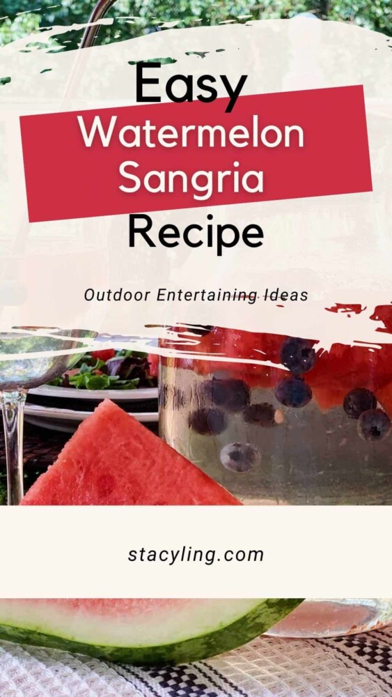 Image of a summer-themed recipe card featuring a pitcher of watermelon sangria with blueberries and slices of watermelon. The text reads "Easy Watermelon Sangria Recipe" and "Outdoor Entertaining Ideas." A picnic setup with watermelon and a wine glass is visible, perfect for your next summer sangria recipe.