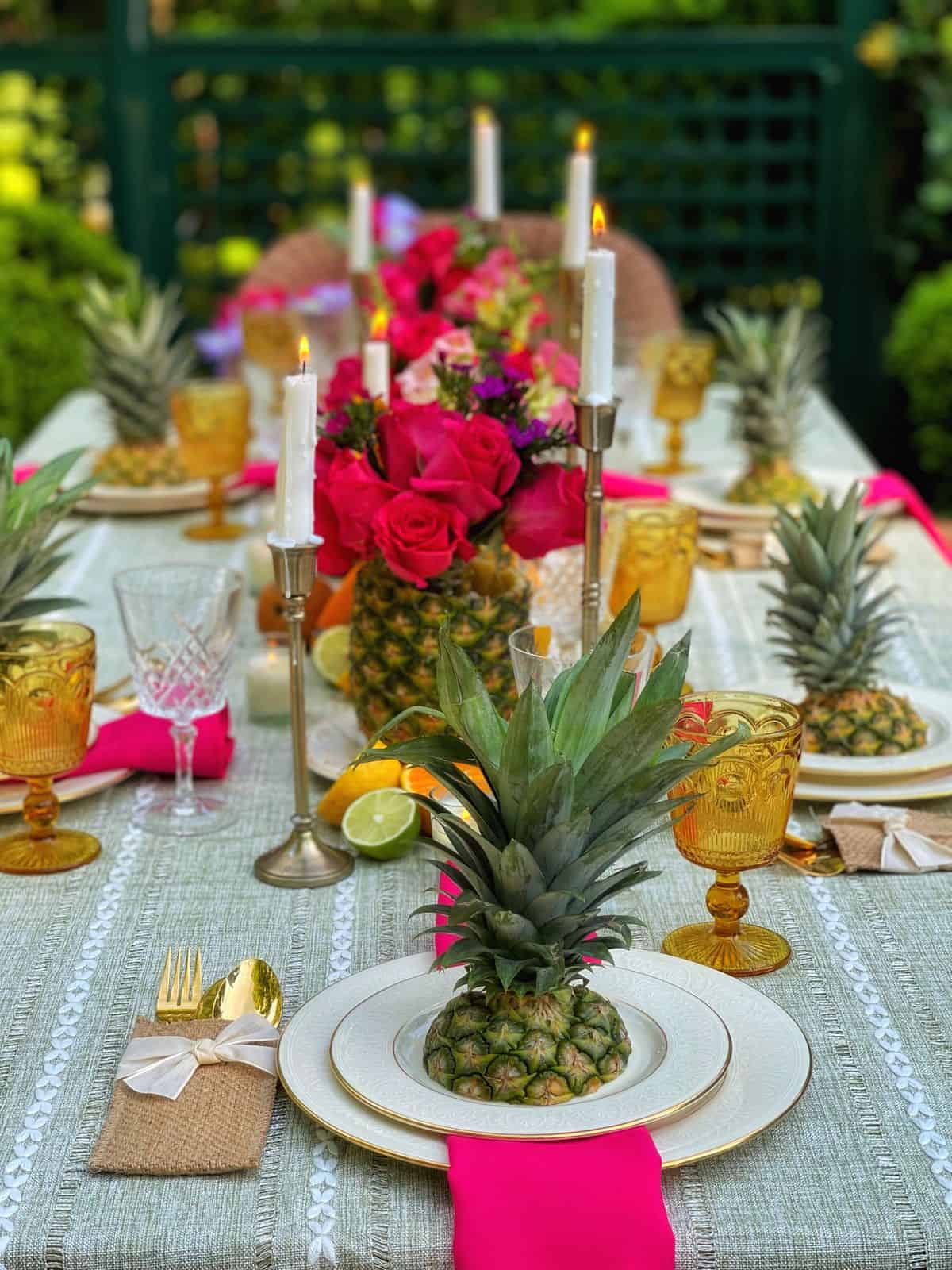 Easy DIY Summer Centerpiece With Flowers And Pineapples Stacy Ling   Hawaiian Party Theme44 