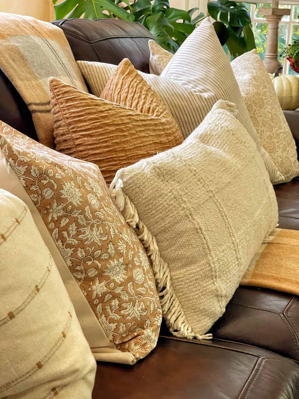 close up of living room throw pillows with mix and match pillow covers