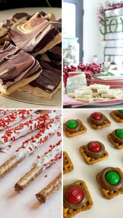 Collage of holiday treats: chocolate swirl bark, a festive display with cookies, pretzel sticks with candy sprinkles, and pretzel bites topped with chocolate and colorful candies.