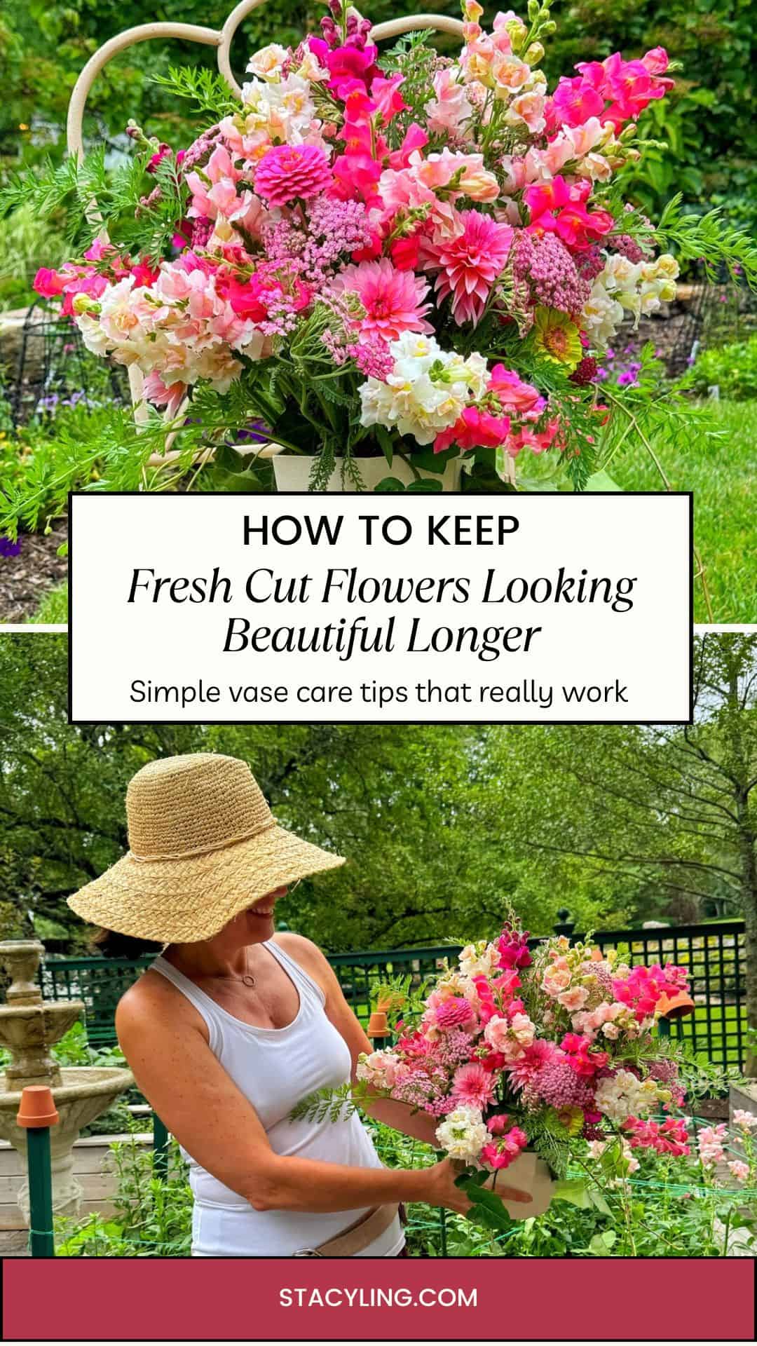 A woman in a sun hat holds a vibrant bouquet of pink, white, and red flowers in a garden. Text overlay shares tips on how to make flowers last longer in a vase, keeping cut blooms looking beautiful for days.