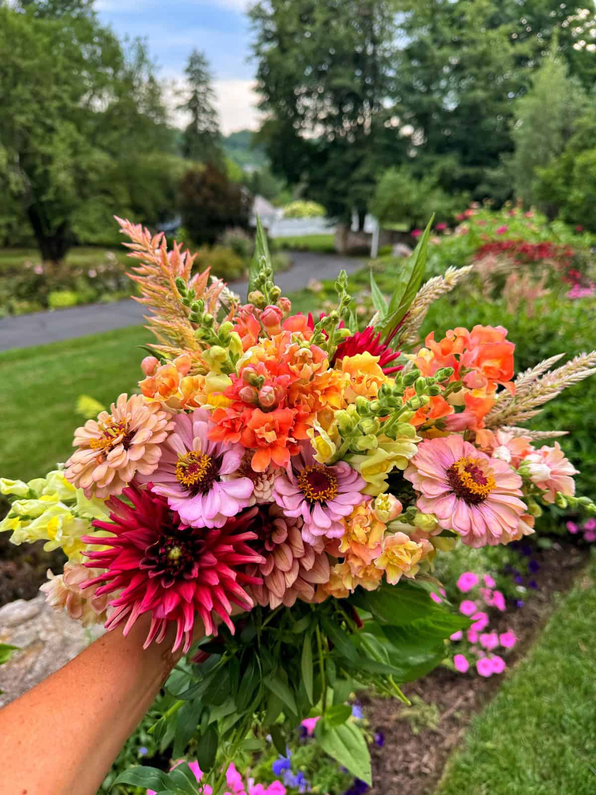 A person holds a colorful bouquet of flowers, including pink, purple, orange, and yellow blooms, against a lush garden background with vibrant greenery, trees, and a winding pathway. The scene is bright and vibrant, capturing the beauty of nature.