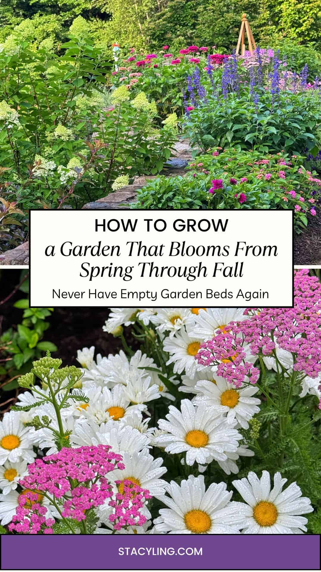 Two images show colorful, everblooming flower garden beds bursting with daisies, pink, purple, and yellow flowers. Text overlay reads "How to Grow a Garden That Blooms From Spring Through Fall. Never Have Empty Garden Beds Again.