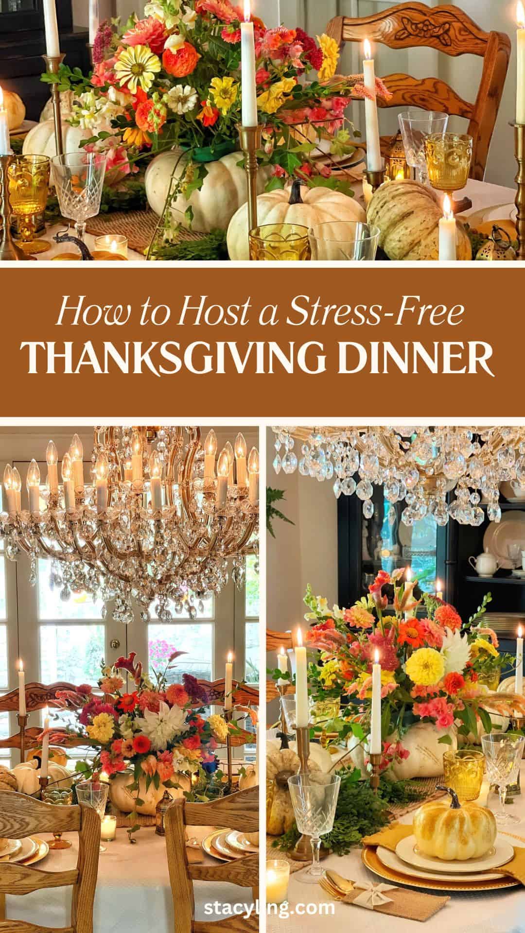 A beautifully decorated Thanksgiving table with candles, flowers, pumpkins, and elegant tableware. Chandeliers hang above, creating a warm and festive atmosphere for a holiday dinner gathering.