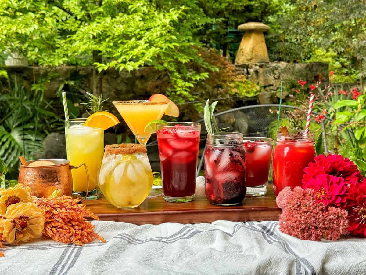 A variety of colorful fall mocktail recipe drinks are displayed on a wooden tray outdoors. They include beverages in jars and glasses with fruit garnishes. Flowers and greenery are in the background, complementing the vibrant and refreshing drinks.