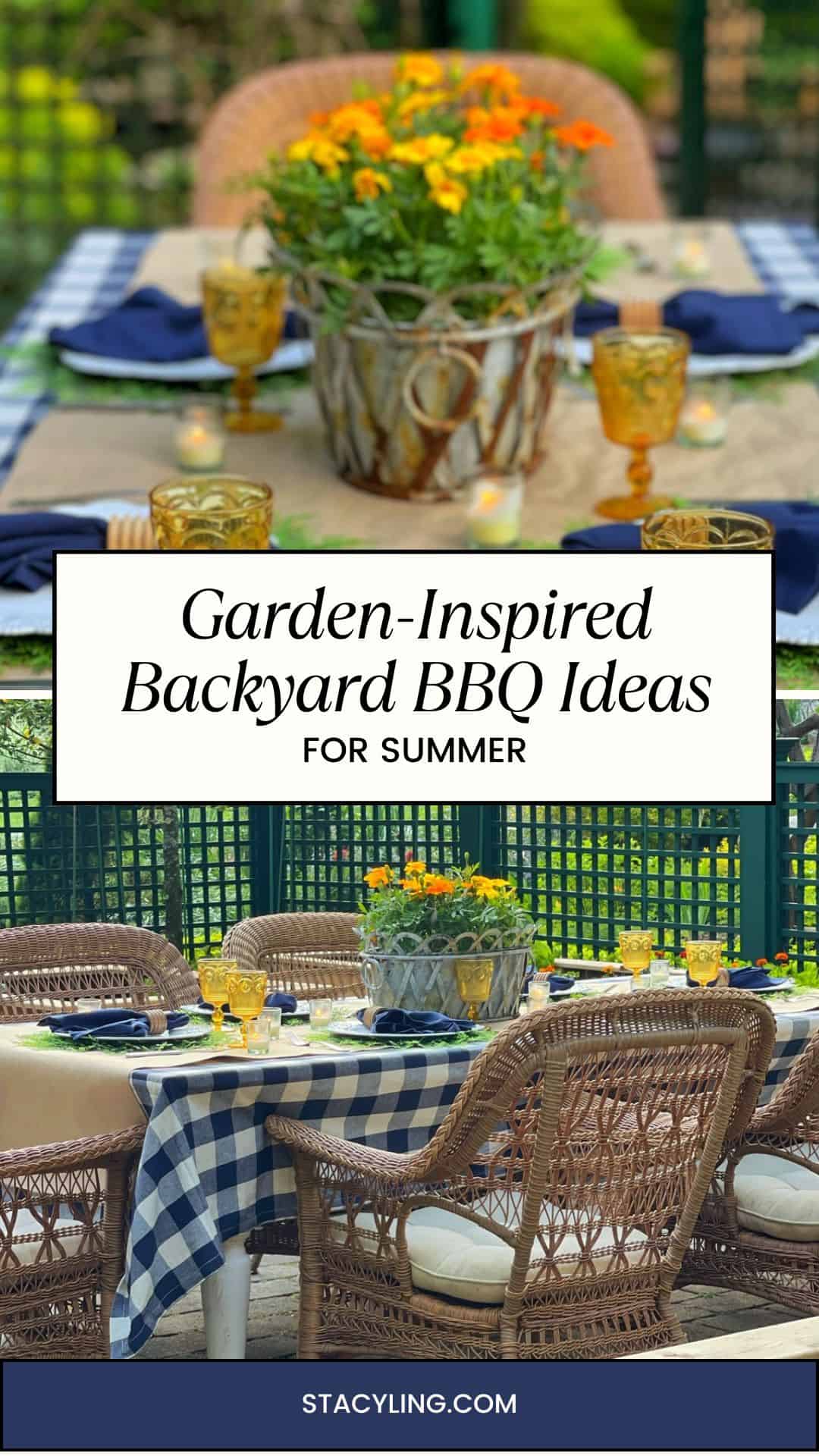 A backyard table set for a summer BBQ with wicker chairs, a checkered tablecloth, yellow glasses, navy napkins, and a flower centerpiece. Text overlay reads: "Backyard BBQ Ideas: Garden-Inspired Decor for Summer.