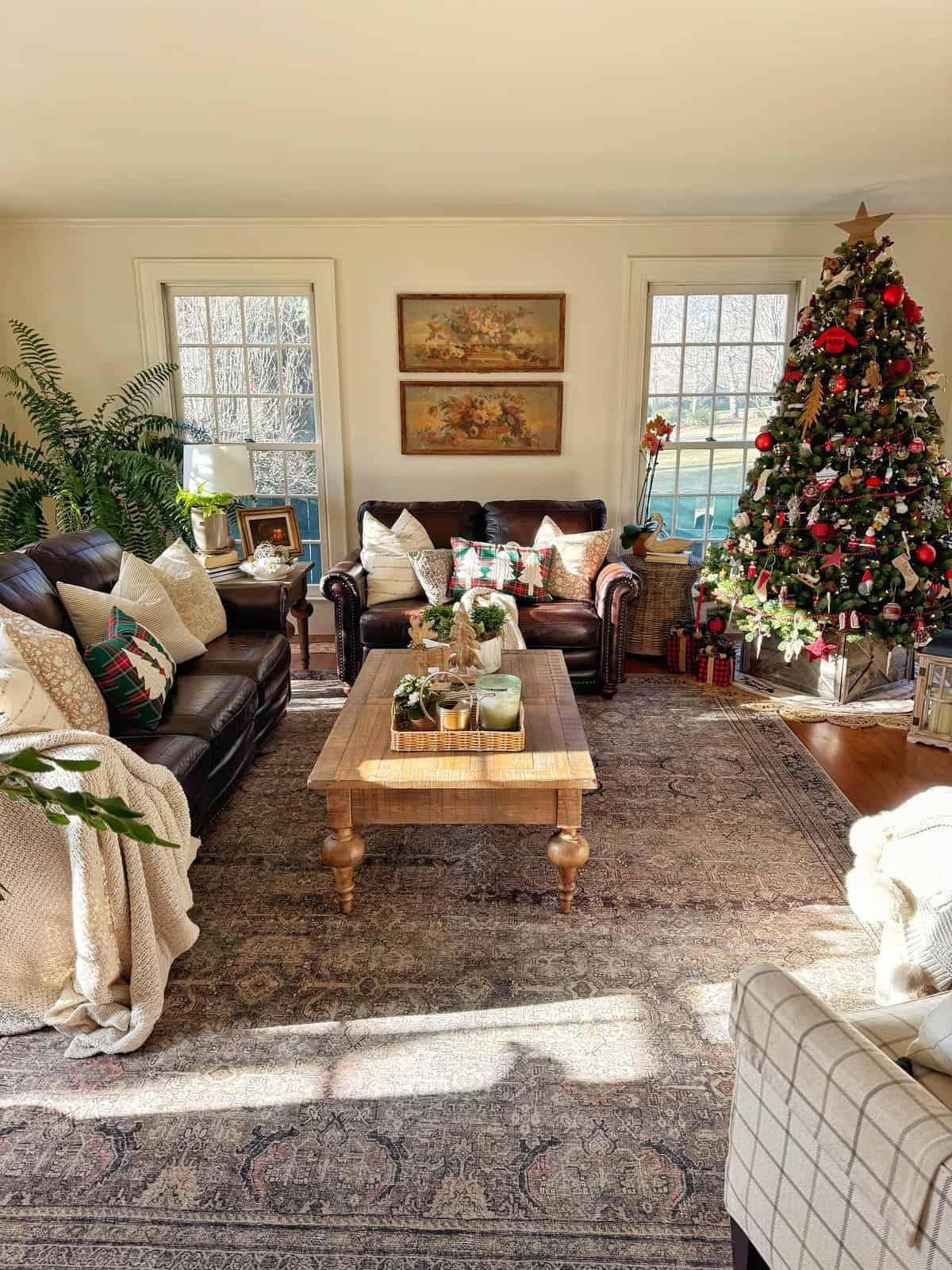Warm, inviting living room decorated for Christmas with a tree adorned with ornaments and lights. Two brown sofas with white and plaid pillows, a wooden coffee table with candles, and framed art on the wall. Large windows let in natural light.