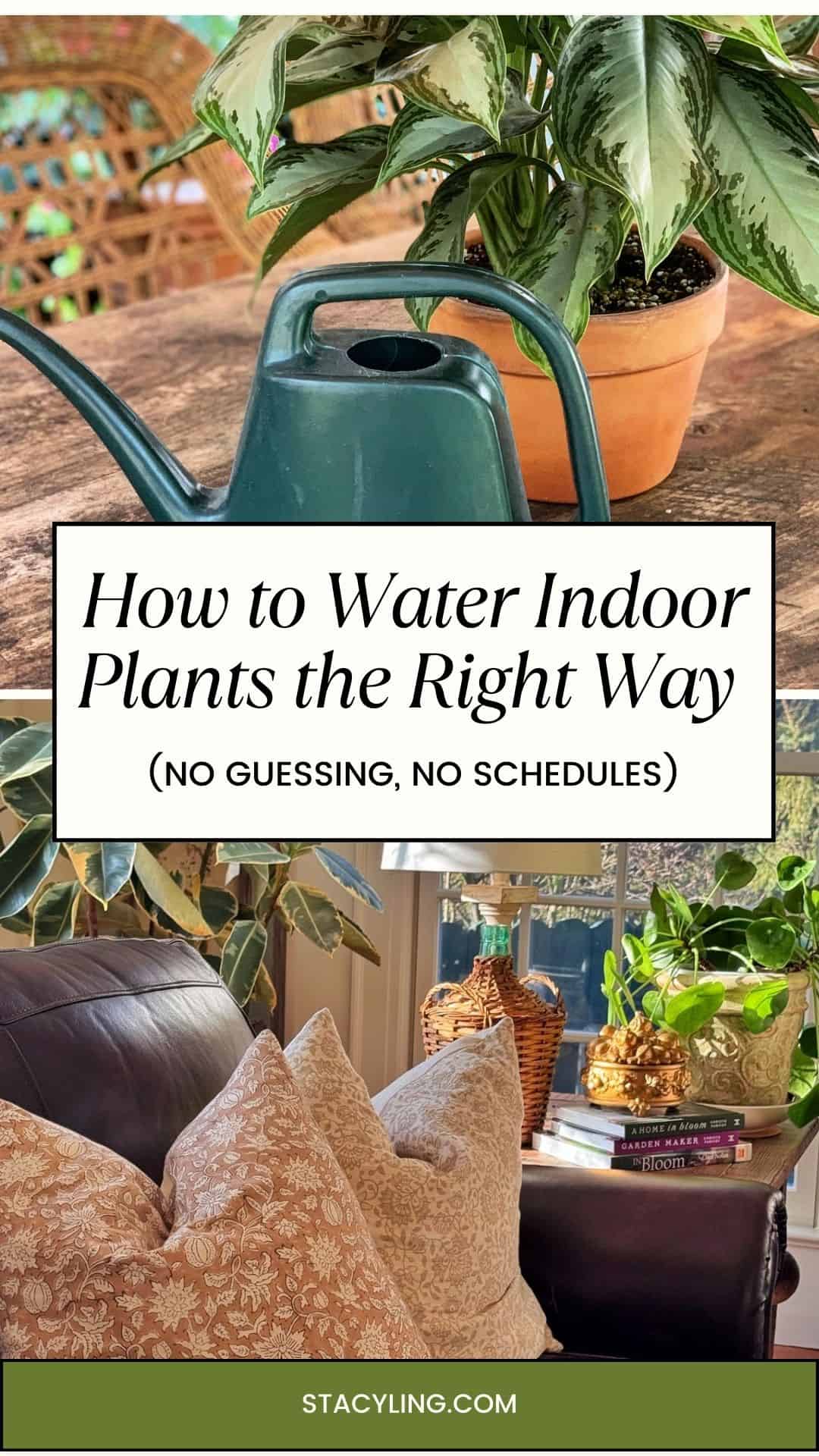 A green watering can and a potted plant sit on a table; below, a cozy living room with plants, pillows, and sunlight. Text reads: “Watering plants indoors the right way (No Guessing, No Schedules)” and “stacyling.com”.