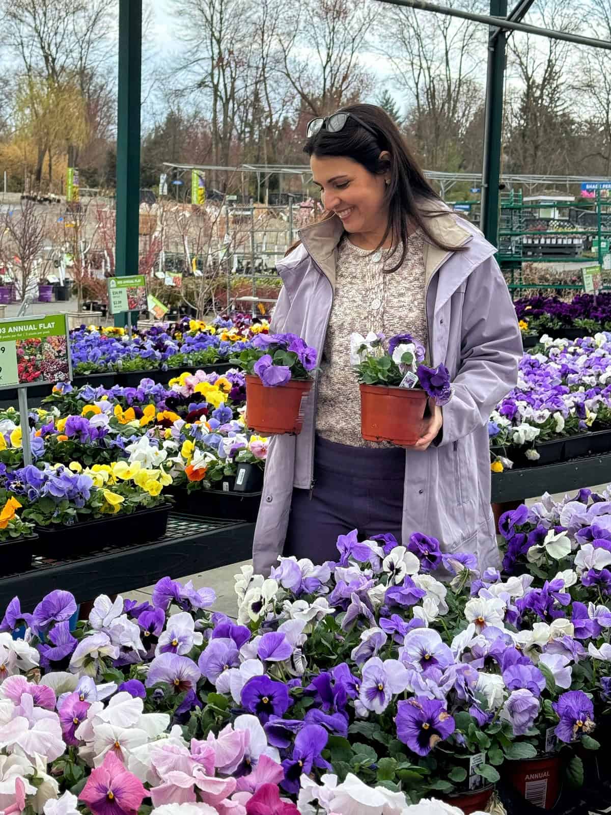A woman in a light jacket holds two pots of purple flowers in a garden center. She is standing among rows of colorful flowers, including shades of purple, pink, and yellow. Leafless trees and a partially cloudy sky are visible in the background.