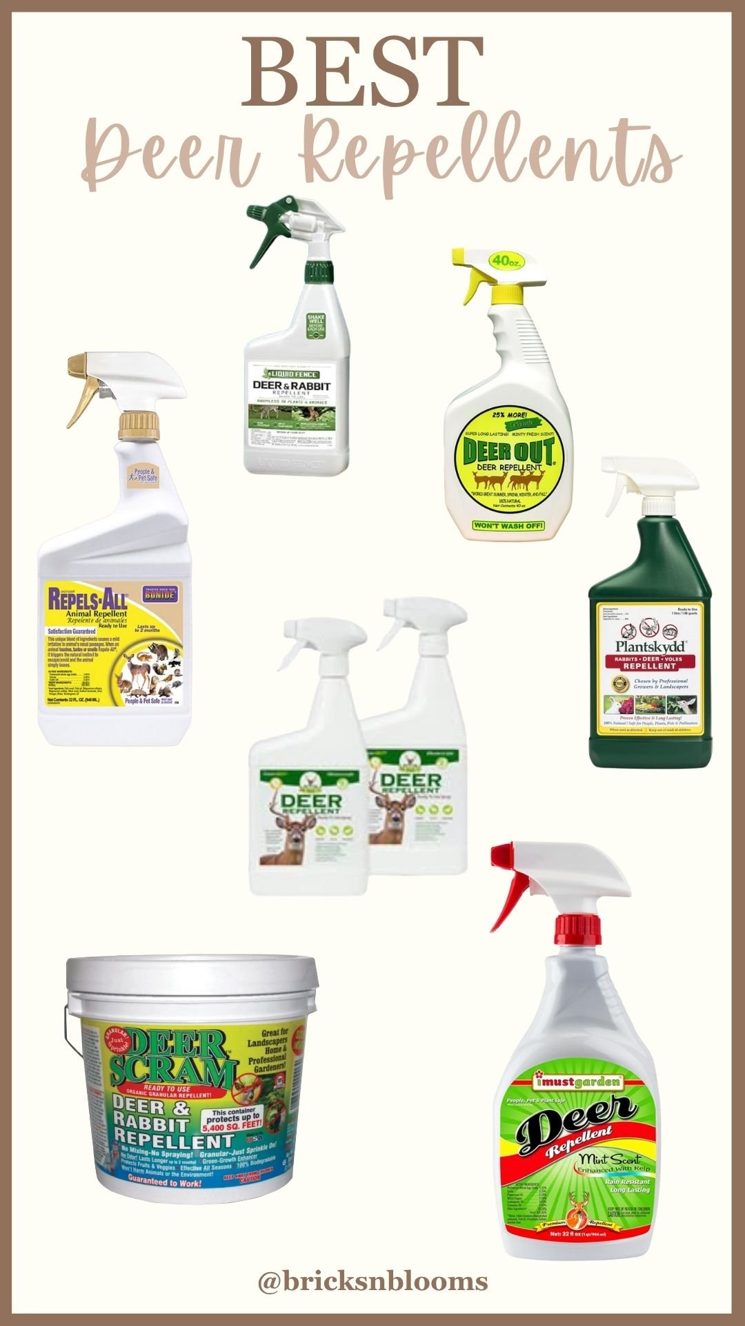 Collage of various deer repellent products in bottles, sprays, and tubs with labels visible, arranged against a white background. The heading reads "Best Deer Repellents" in large, decorative font.