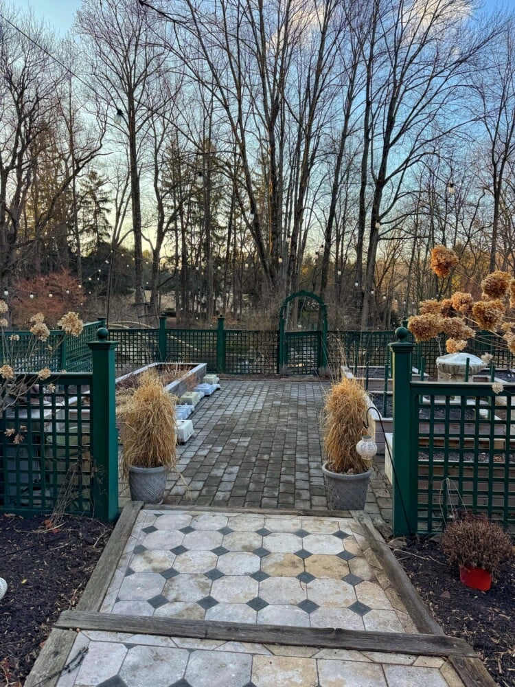 A paved garden path leads to a green trellis archway, flanked by planters filled with dried grasses and containers for winter sowing seeds. Leafless trees and empty garden beds line the background under a clear blue sky.