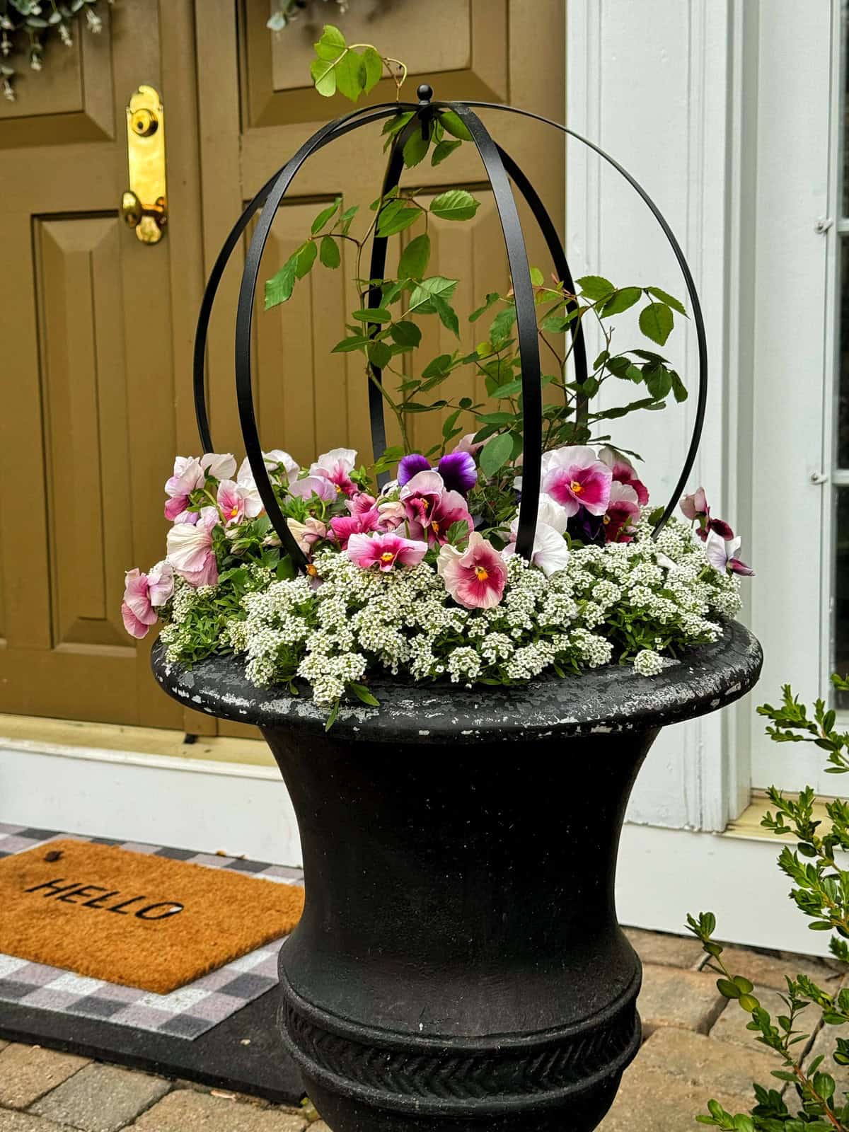 A black urn planter filled with pink and purple flowers, surrounded by white blooms, sits on a stone porch in front of a brown door with a gold handle. A "HELLO" doormat is by the door.