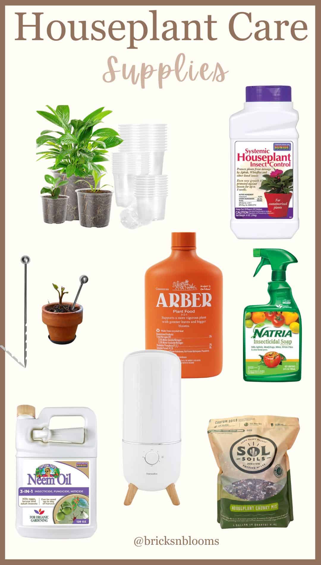 A collage of houseplant care supplies, including potted plants, plastic pots, a soil moisture meter, neem oil, insecticidal soap, plant food, a spray bottle, a grow light, and a bag of potting mix.