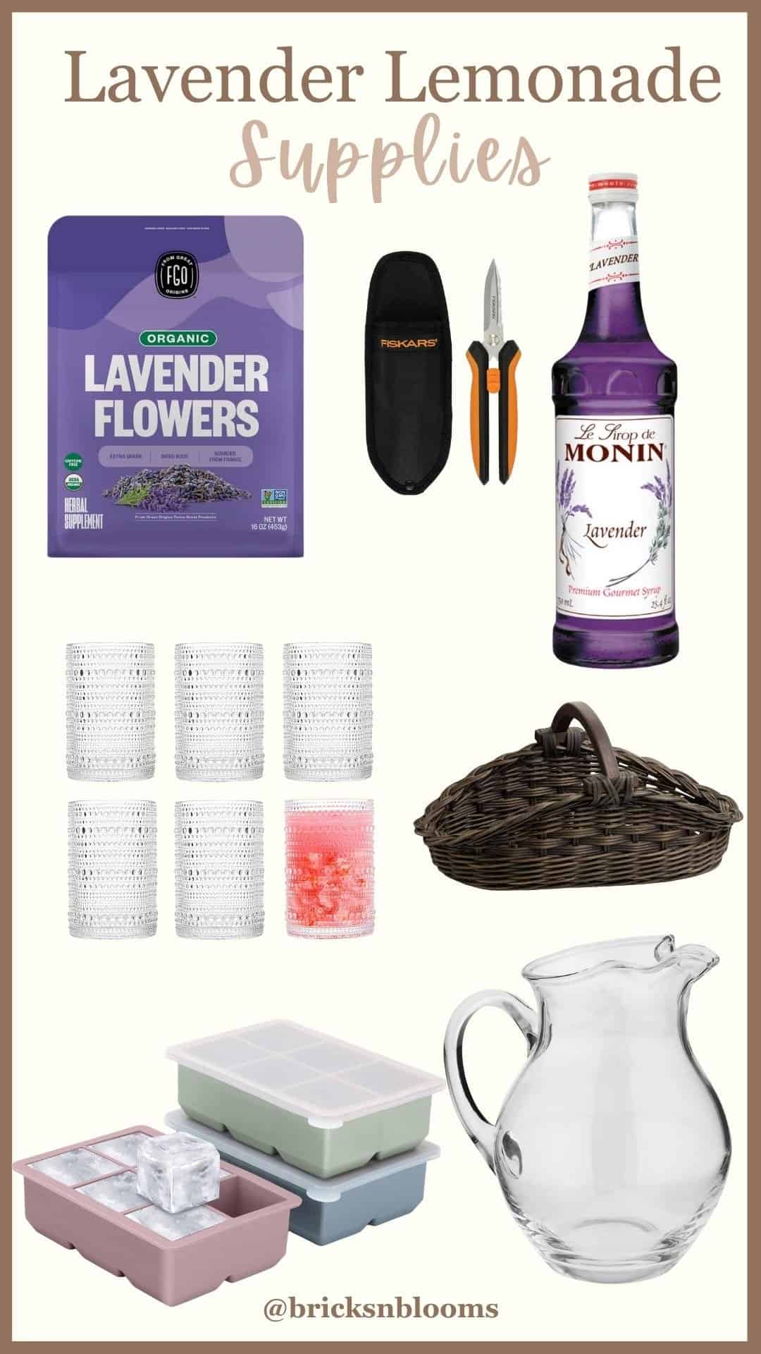 A collage labeled "Lavender Lemonade Supplies" shows dried lavender flowers, a zester with sheath, lavender syrup, clear plastic cups, pink ice cubes, a wicker tray, a glass pitcher, and silicone ice cube trays.