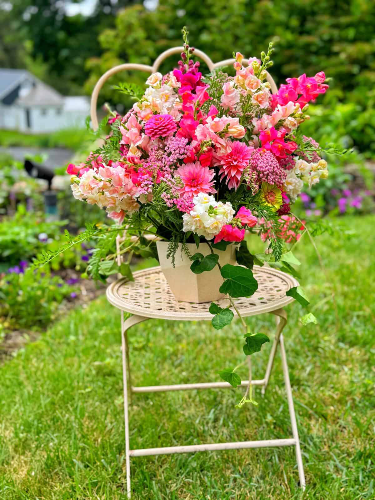 A cream-colored pot filled with vibrant pink and peach flowers sits on a metal garden chair on green grass, with blurred garden foliage and a house in the background.