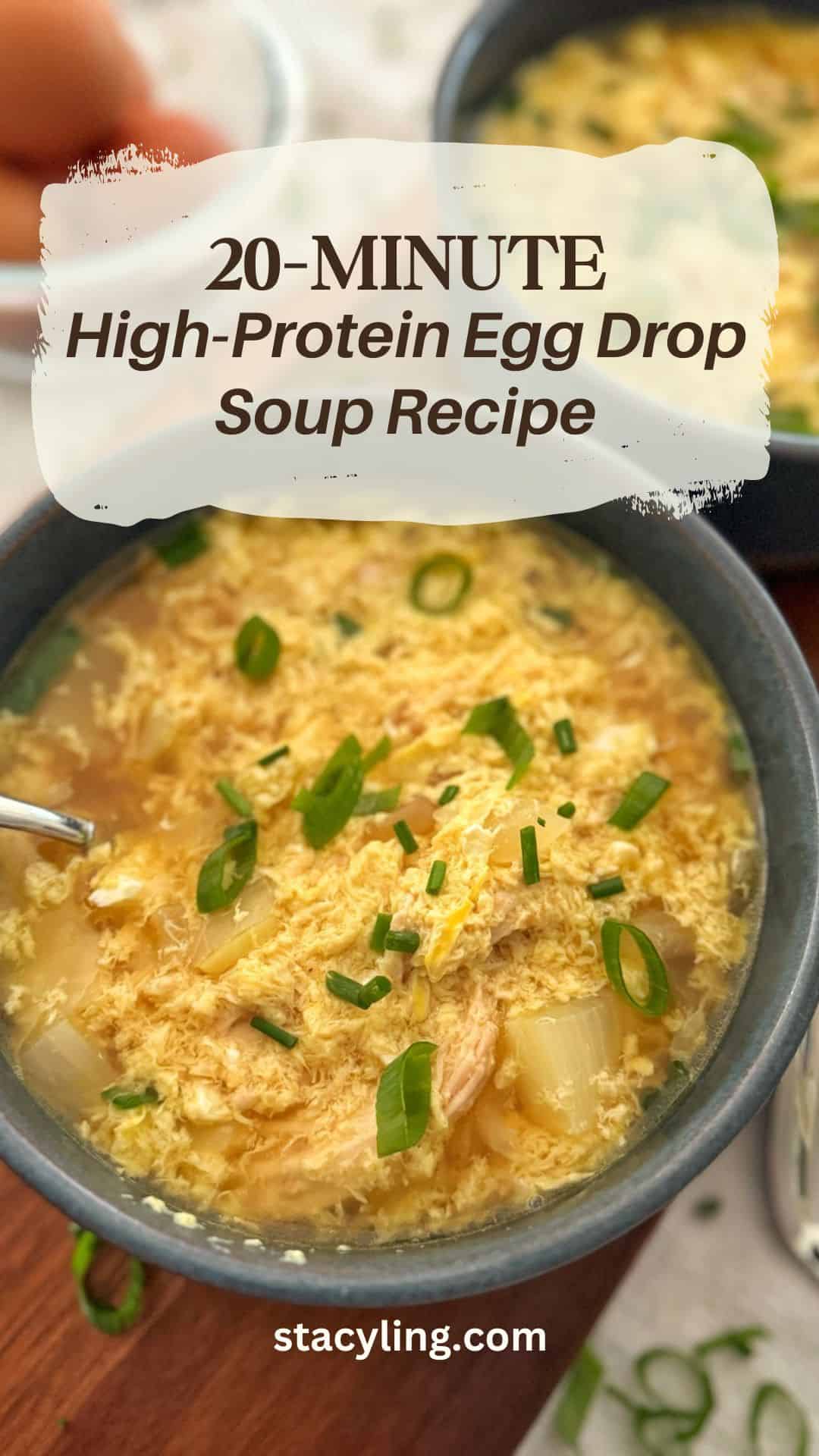 A bowl of egg drop soup garnished with chopped green onions and a spoon, with text reading "20-Minute High-Protein Egg Drop Soup Recipe" and "stacyling.com" above and below the bowl.