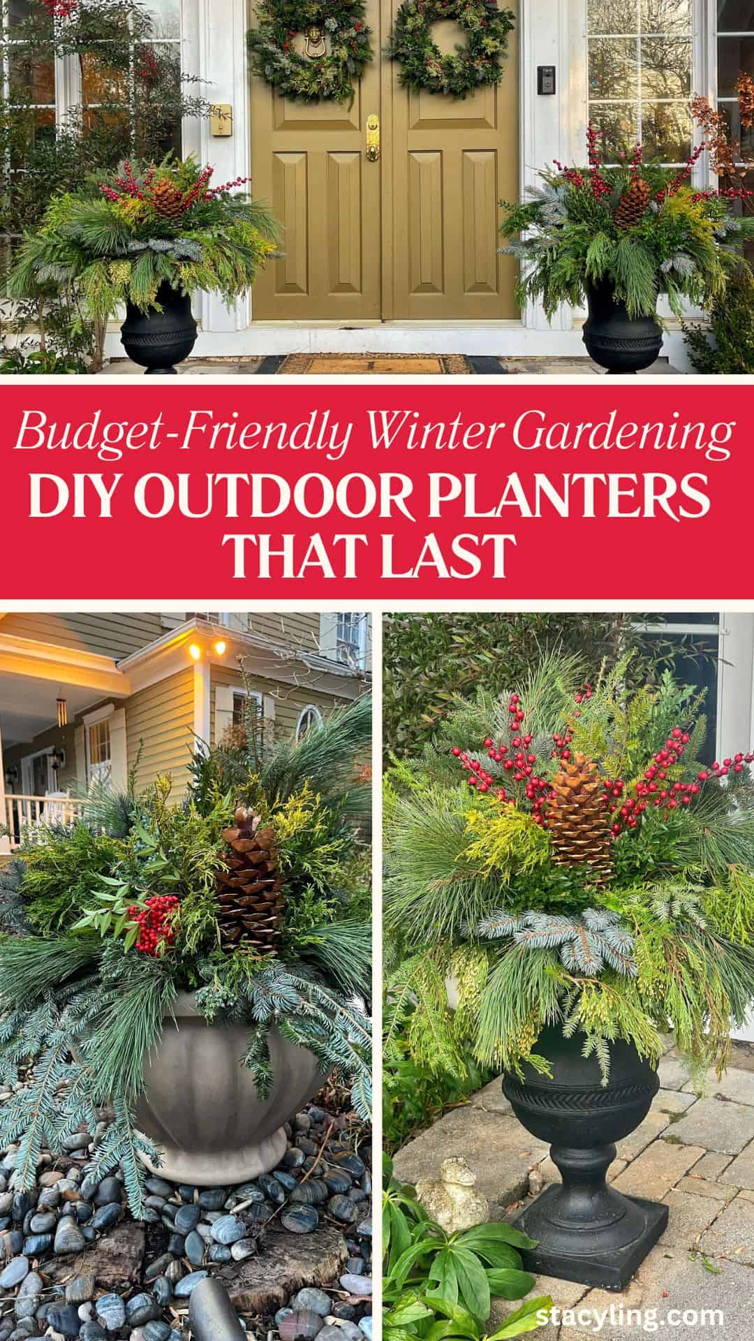 Festive winter outdoor planters with pine, evergreens, red berries, and pinecones arranged in black urns on a porch with a gold door, labeled &ldquo;Budget-Friendly Winter Gardening: DIY Outdoor Planters That Last.&rdquo;.