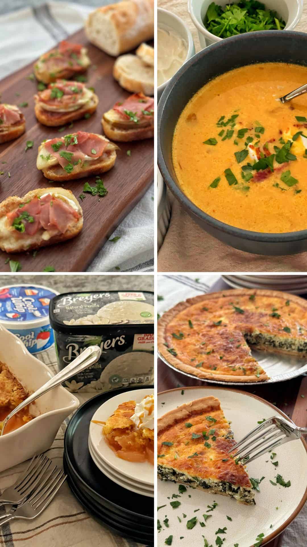 A collage of four photos showing Friendsgiving brunch menu ideas: prosciutto crostini on a wooden board, a bowl of orange soup with herbs, pie with ice cream, and spinach quiche slices on plates.