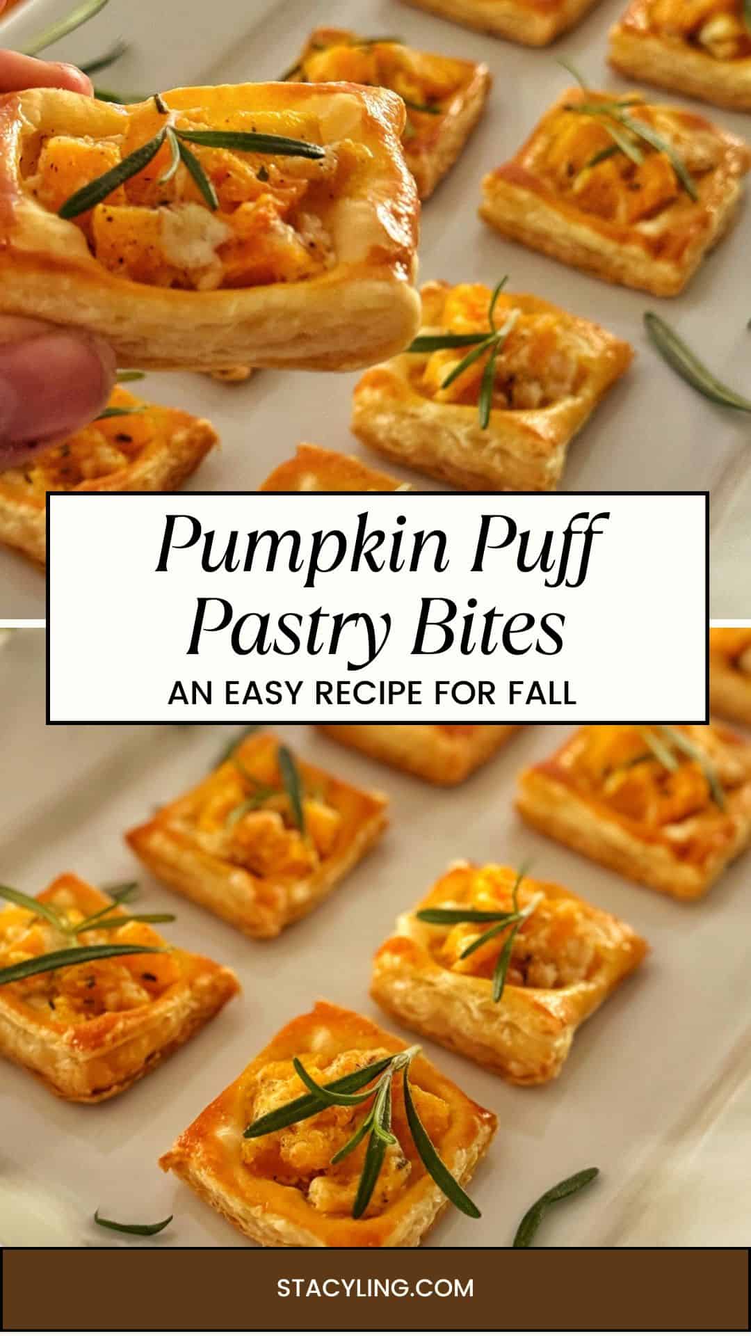 A platter of square pumpkin puff pastry bites garnished with rosemary, with a hand holding one bite. Text overlay reads: "Pumpkin Puff Pastry Bites - An Easy Recipe for Fall.