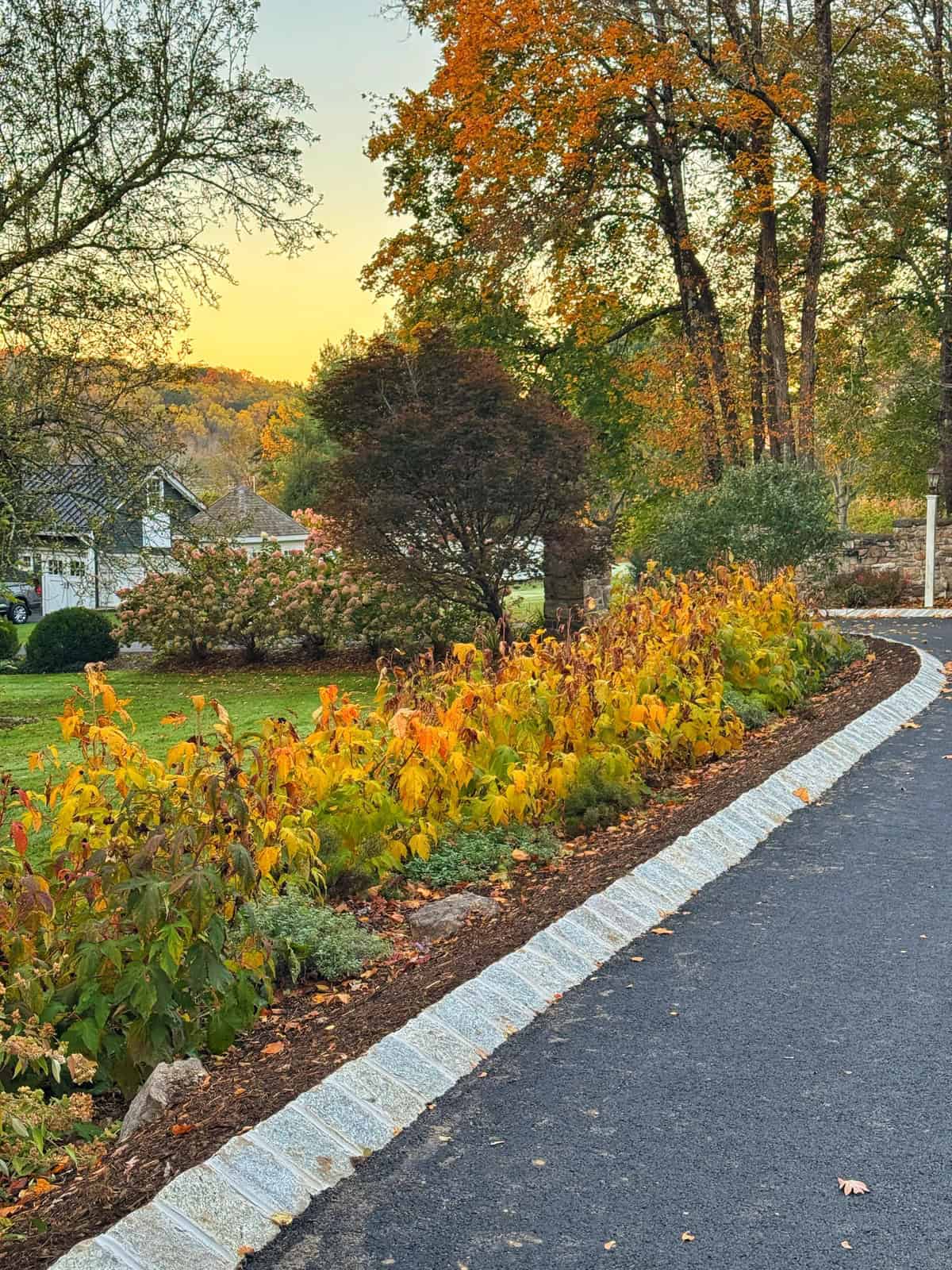 A curved asphalt driveway bordered by a low stone edge, with autumn plants and yellow foliage on one side. Trees with fall leaves and a house are visible in the background under a golden evening sky.