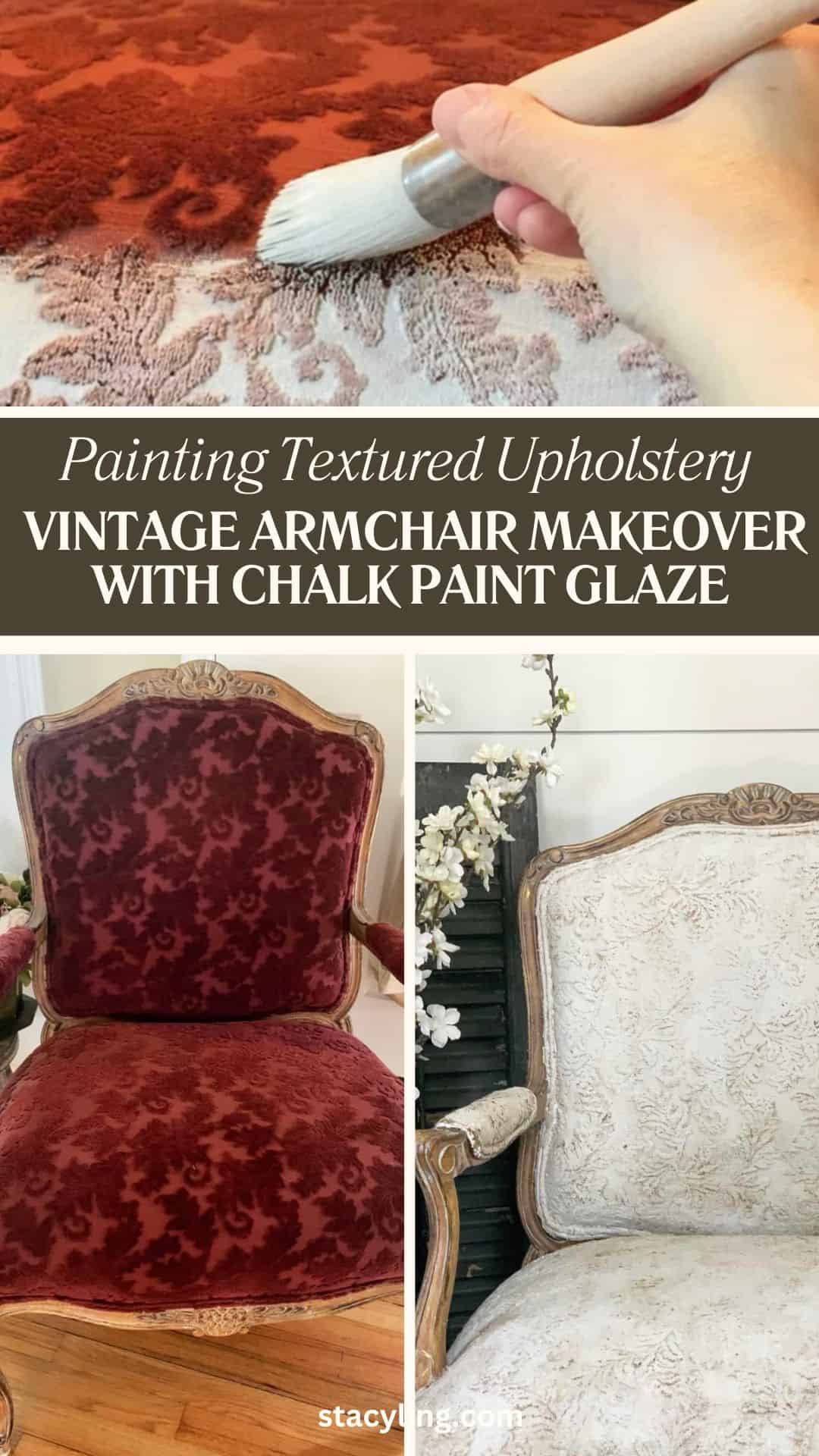 A hand brushes white paint onto textured red upholstery. Below, side-by-side photos show a red vintage armchair before and after being transformed with a light chalk paint glaze, resulting in a pale, refreshed look.