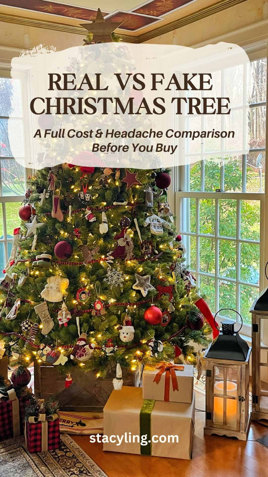 A decorated Christmas tree stands by large windows with wrapped gifts, a lantern, and festive ornaments. Overlaid text reads, "REAL VS FAKE CHRISTMAS TREE: A Full Cost & Headache Comparison Before You Buy.
