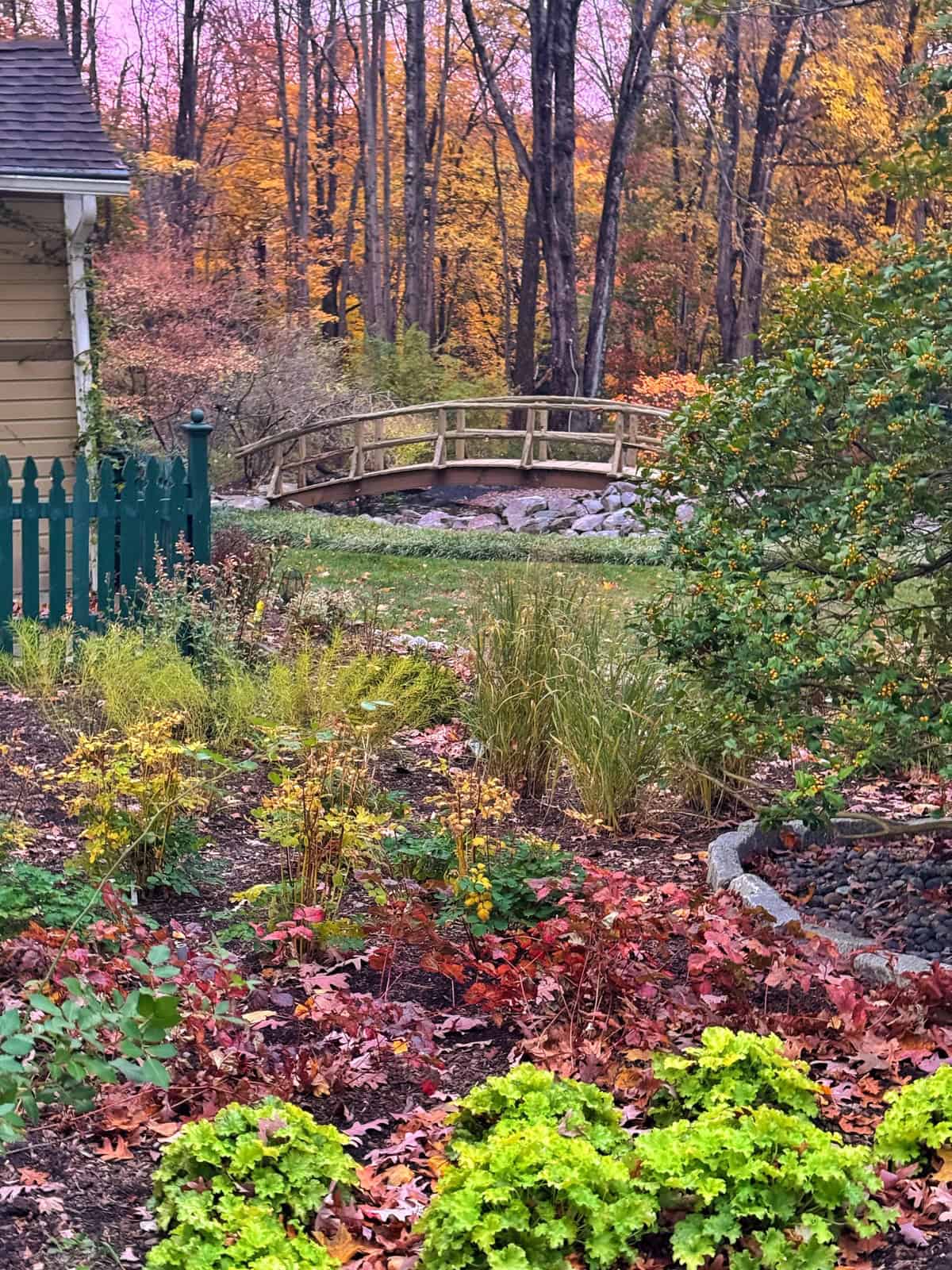 A colorful autumn garden with red, yellow, and green foliage, a wooden fence on the left, and a small wooden footbridge in the background beneath tall trees with orange leaves.
