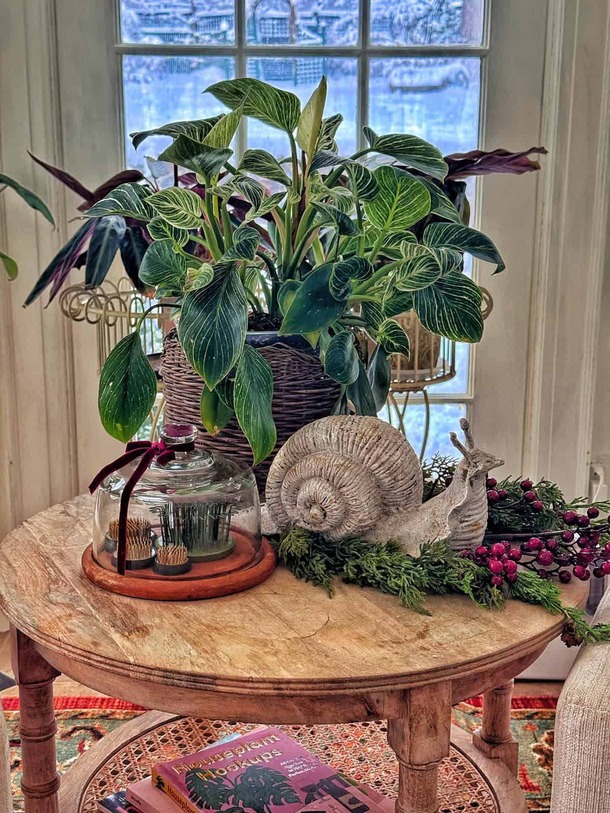 A wooden table by a window holds a potted green plant, a large ceramic snail, a glass dome with flower frogs, and a decoration with greenery and red berries. Books are stacked on the lower shelf.