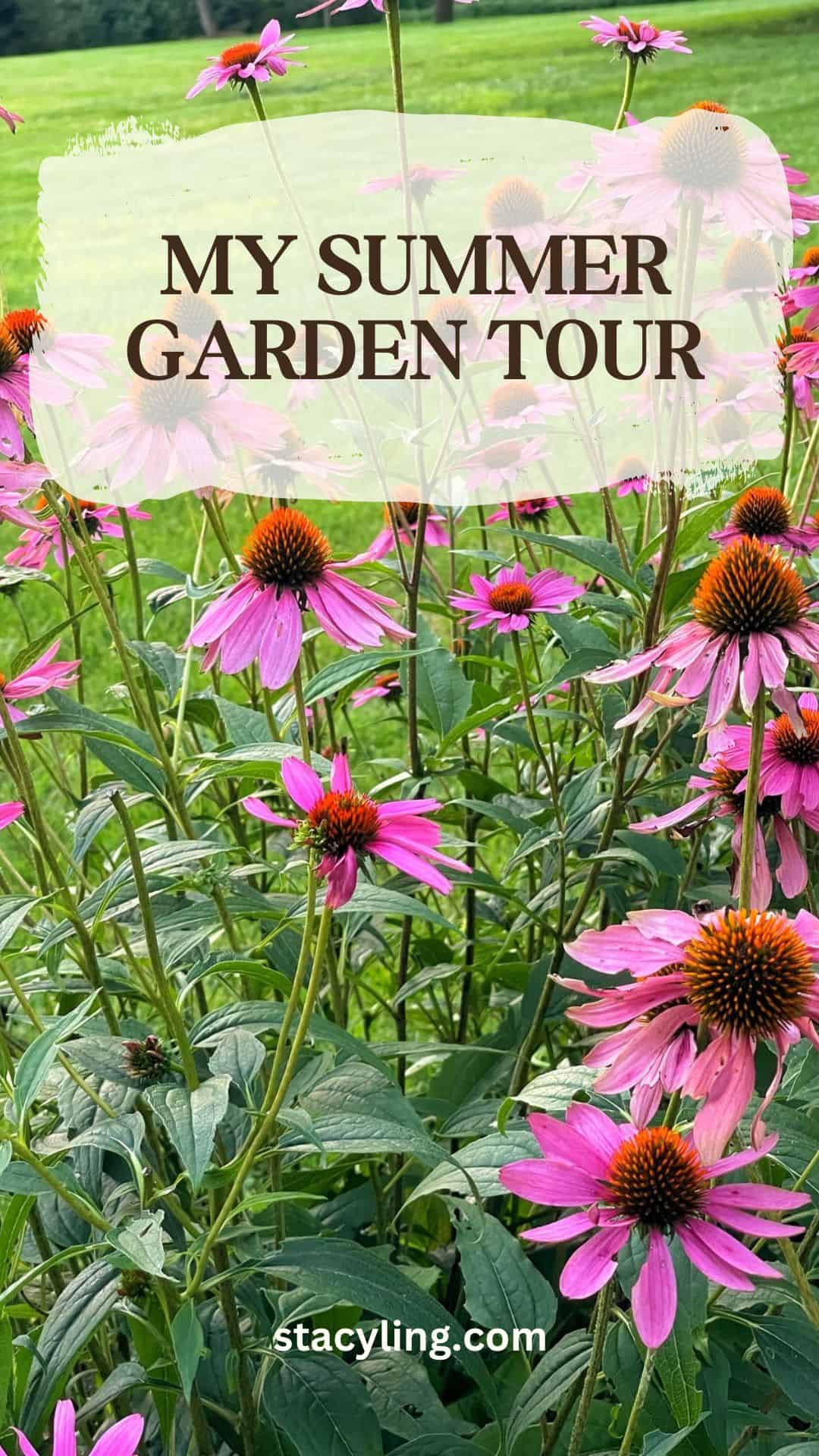 Pink coneflowers blooming in a lush summer garden with green grass in the background. Text overlay reads, "My Summer Garden Tour 2019." Website "stacyling.com" appears at the bottom.