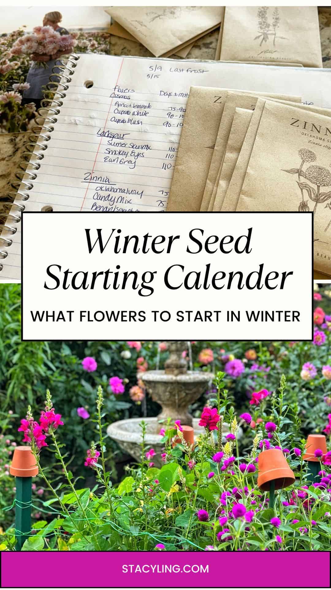 A collage showing a gardening notebook and seed packets on top, and a vibrant flower garden with a fountain below. Text reads "Winter Seed Starting Calendar: What flowers to start in winter." Perfect for planning with your winter seed starting calender.