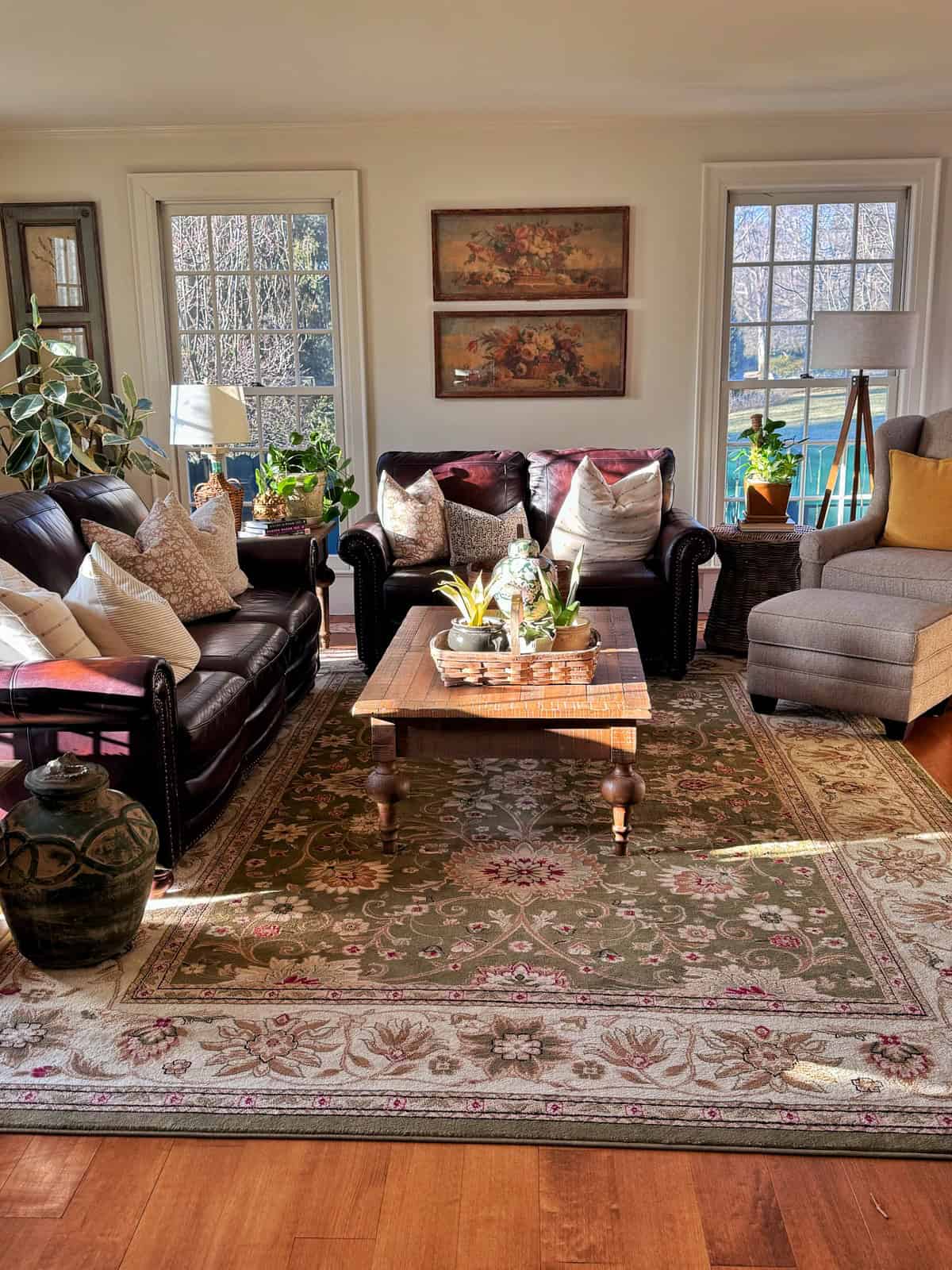 A sunlit living room with two dark leather sofas, a beige armchair, a wooden coffee table with plants, a patterned rug, potted plants by the windows, and framed art on the wall.