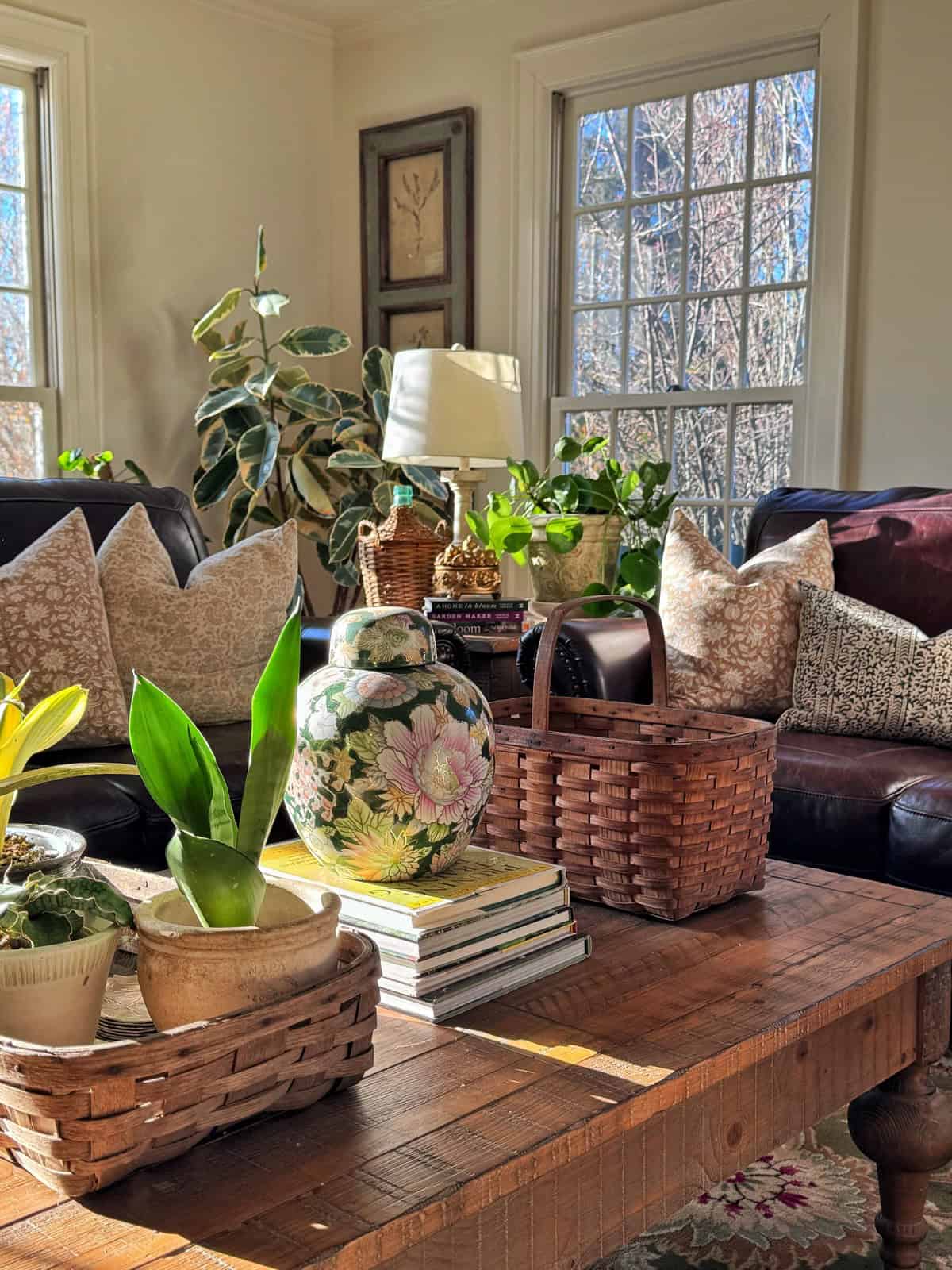 A sunlit living room with brown sofas, patterned pillows, houseplants, a floral ceramic vase, and woven baskets arranged on a wooden coffee table near large windows. Books are stacked under the vase.