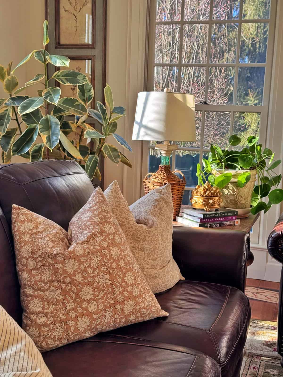 A sunlit living room features a brown leather sofa with patterned pillows, leafy houseplants, a stack of books, and a wicker lamp on a side table near a large window with a garden view.