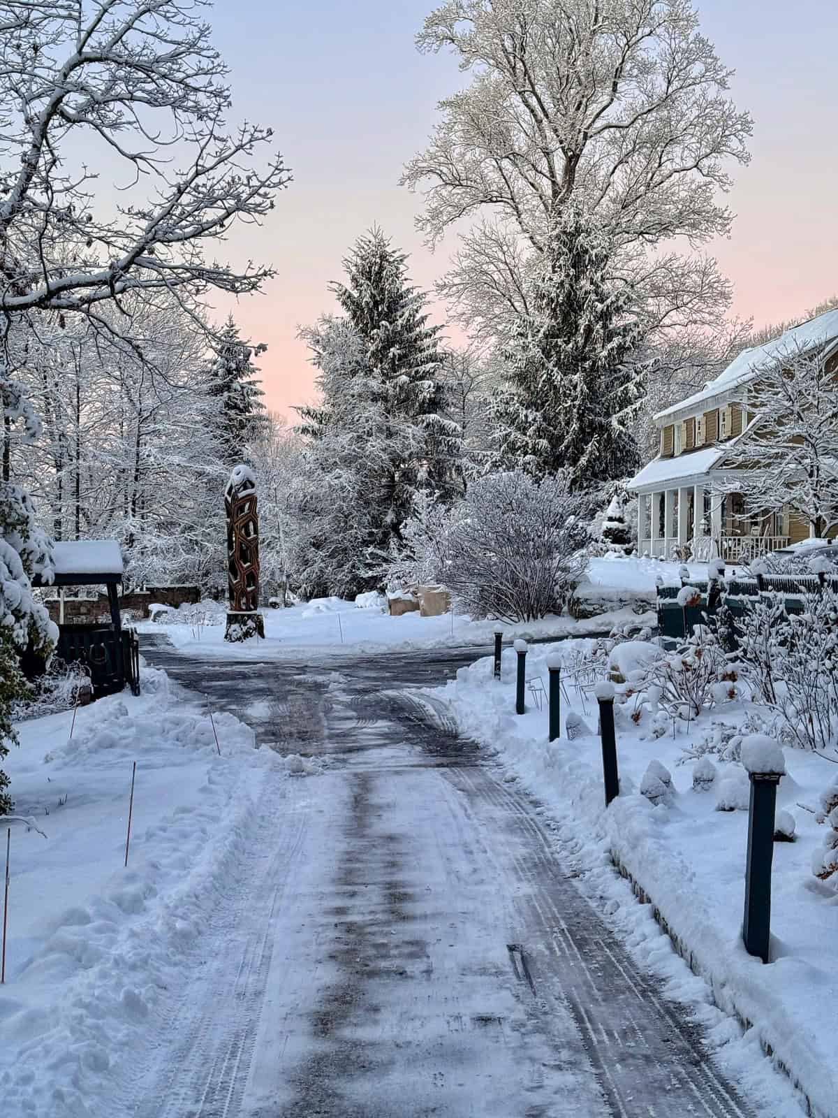 A snow-covered driveway leads to a house surrounded by trees and bushes coated in fresh snow. The sky has a soft pink hue at sunset, and the scene is calm and wintry.