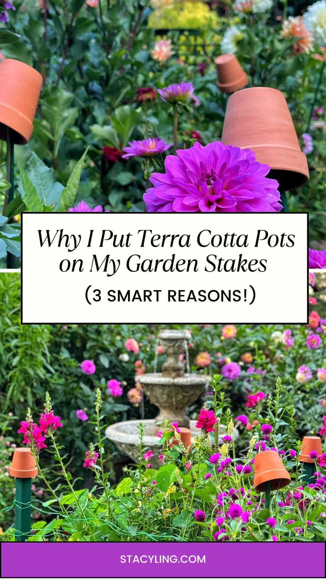 A vibrant flower garden with terra cotta pots placed upside down on garden stakes among pink and purple blooms. Text overlay: "Why I Put Terra Cotta Pots on My Garden Stakes (3 Smart Reasons!).