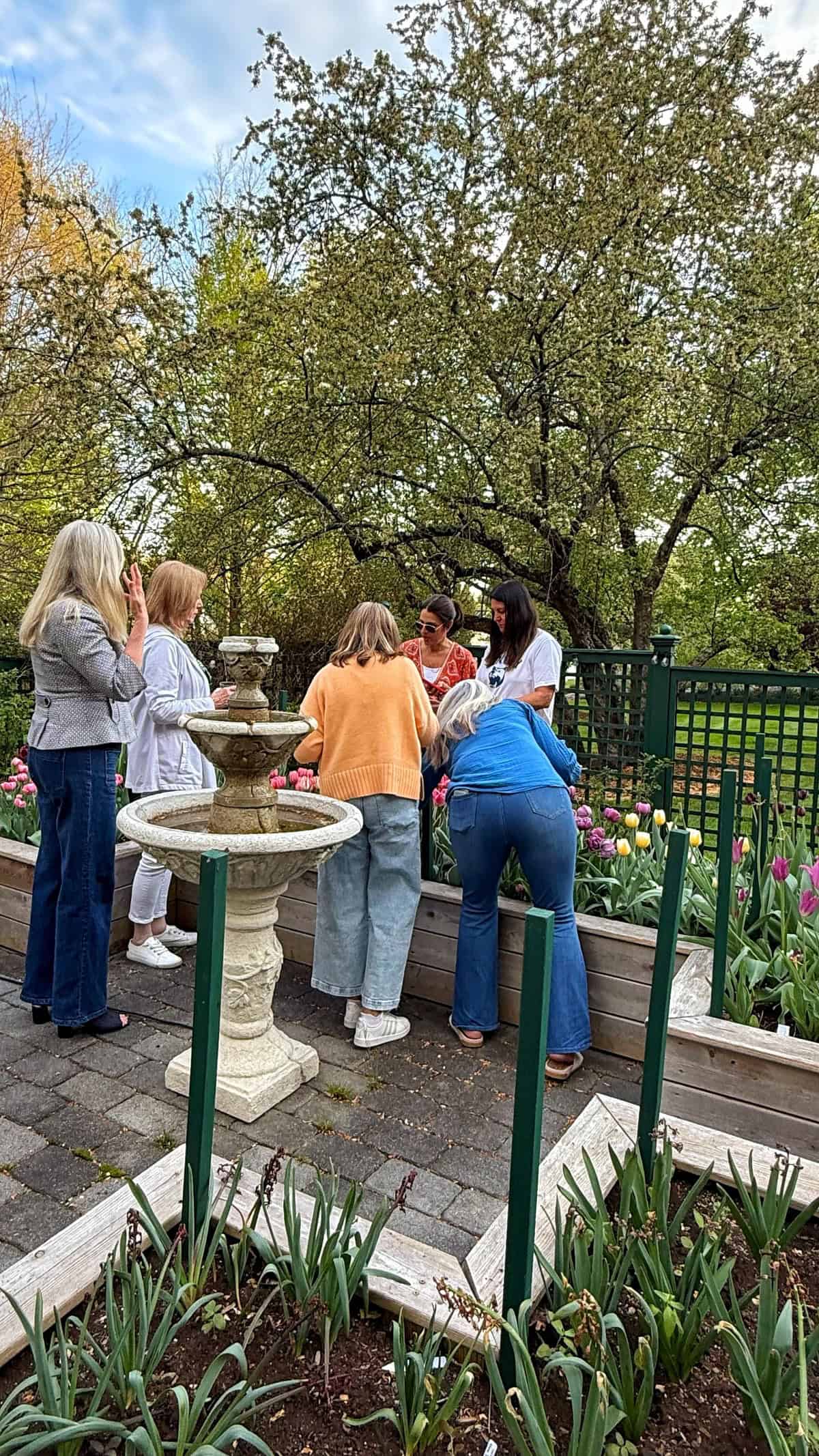 A group of six women gather around a raised flower bed in a garden, some leaning in to look at the flowers. A stone fountain stands nearby, and trees with green foliage fill the background under a partly cloudy sky.