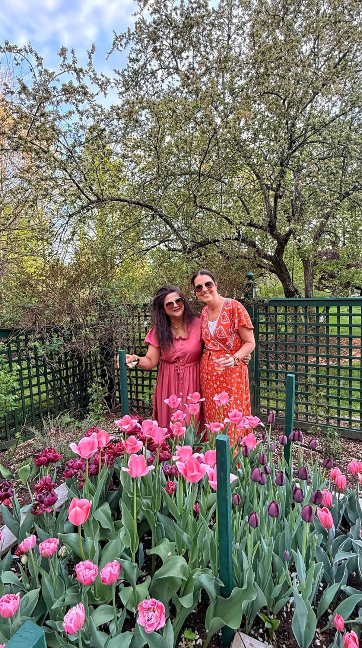 Two women stand together smiling in a garden filled with pink and purple tulips. They are surrounded by green trees and a wooden fence in the background on a bright, partly cloudy day.