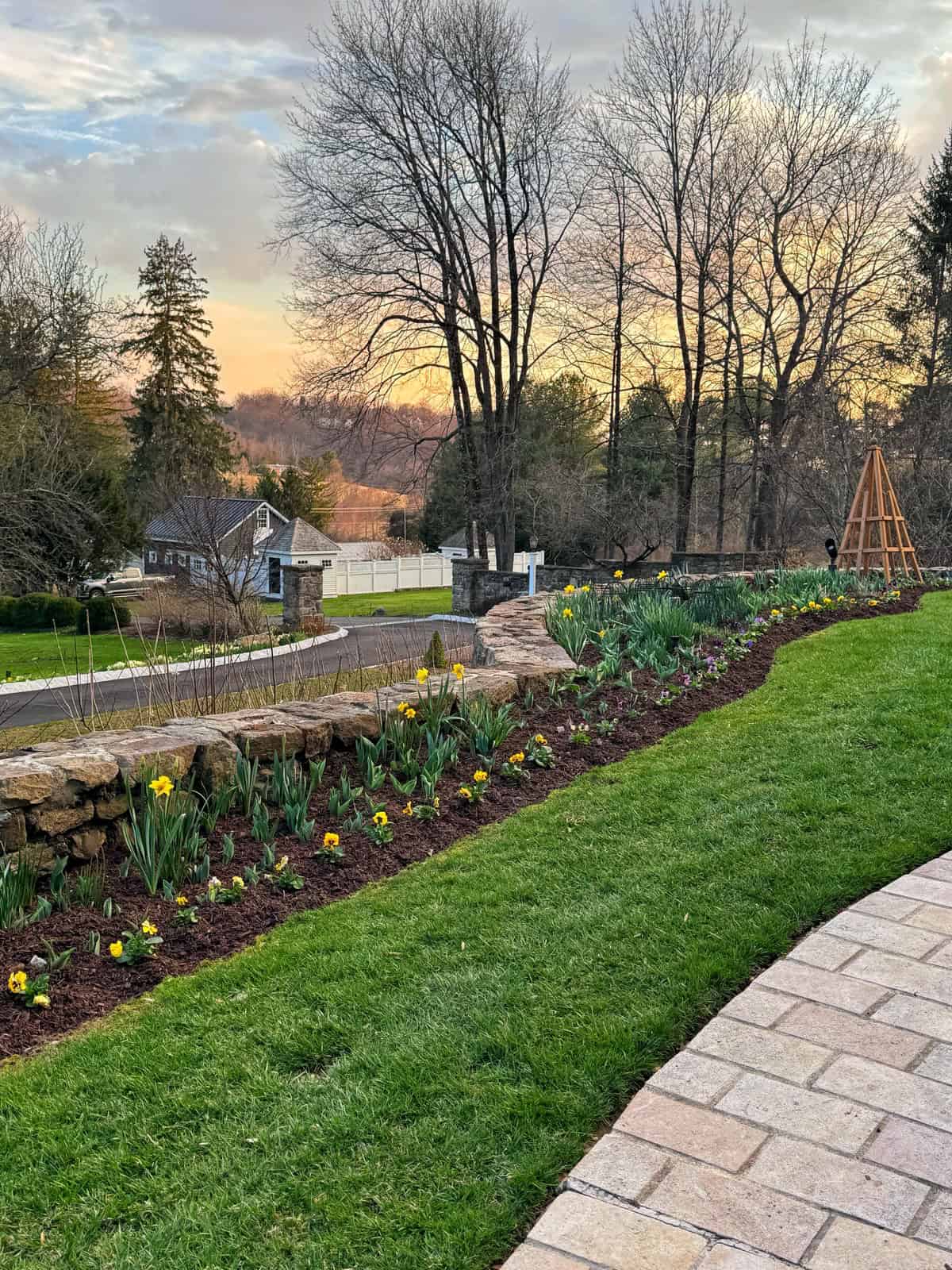 Flowerbeds with yellow blooms line a stone wall next to a curved brick path. Leafless trees and a wooden garden structure stand in the background at sunset, with houses and hills in the distance.