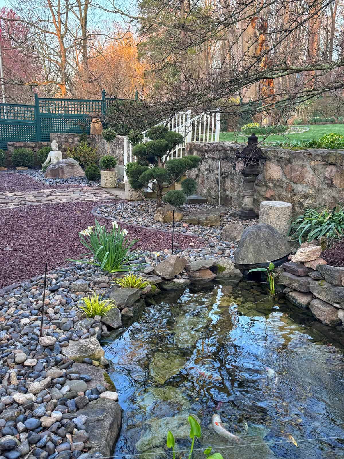 A tranquil zen garden features a small pond with rocks, surrounding plants, a stone path, a white fence, garden statues, and trees with early spring foliage in the background.