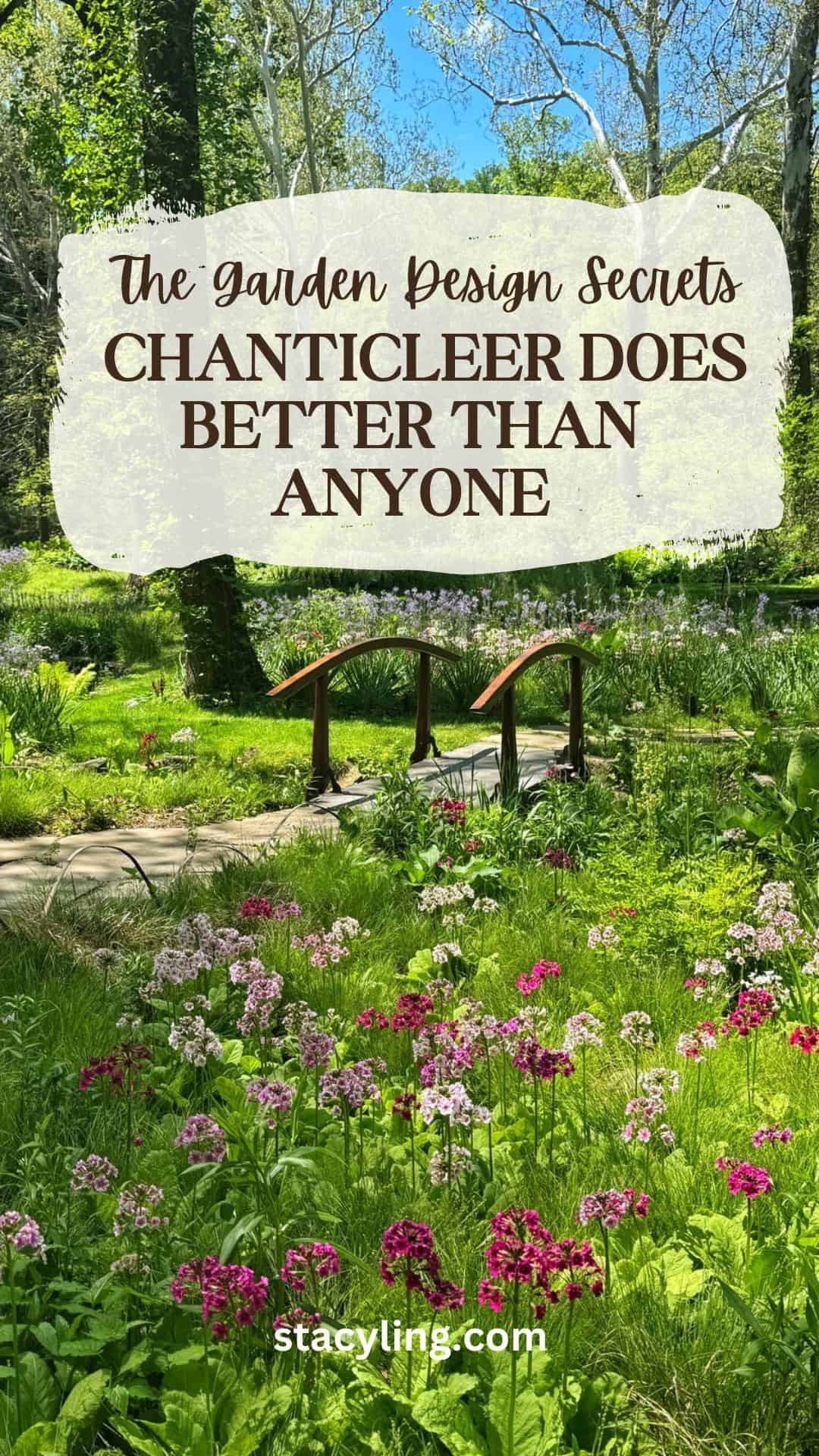 The chanticleer garden cottage garden with pink and purple flowers and a curved bridge on a beautiful sunny day