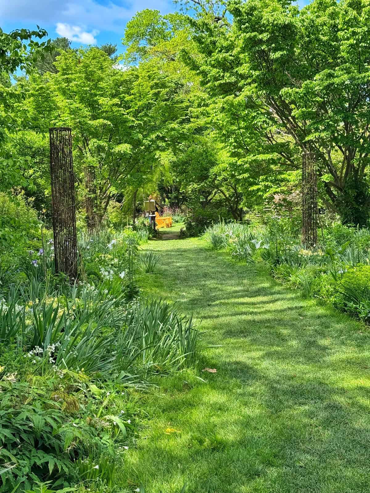 A lush, green pathway at chanticleer winds through a garden filled with vibrant foliage, blooming flowers, and mature trees. Sunlight dapples the path, highlighting a tranquil, inviting scene.