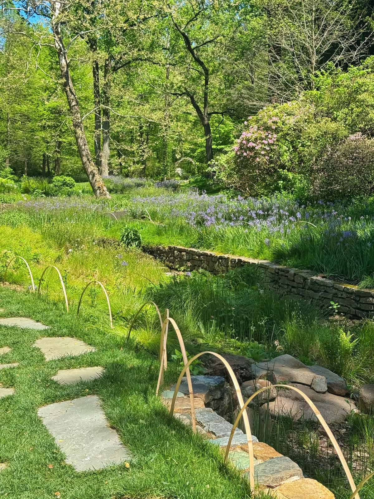 A stone pathway winds through a lush garden with blooming purple flowers and bamboo arches bordering a dry stone wall and trickling stream.