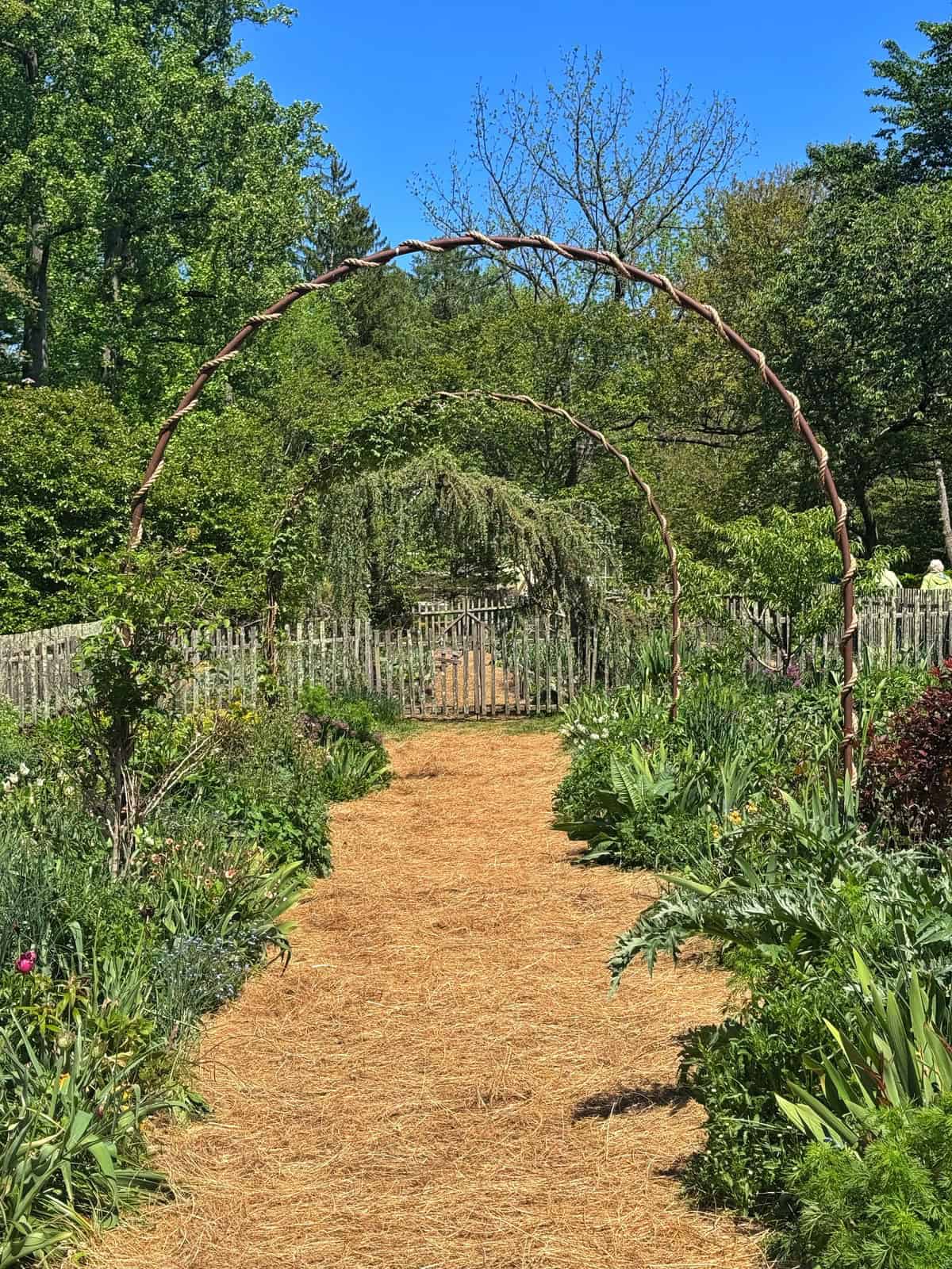 A garden path lined with lush greenery and flowers leads to a wooden gate under two intertwined arches.