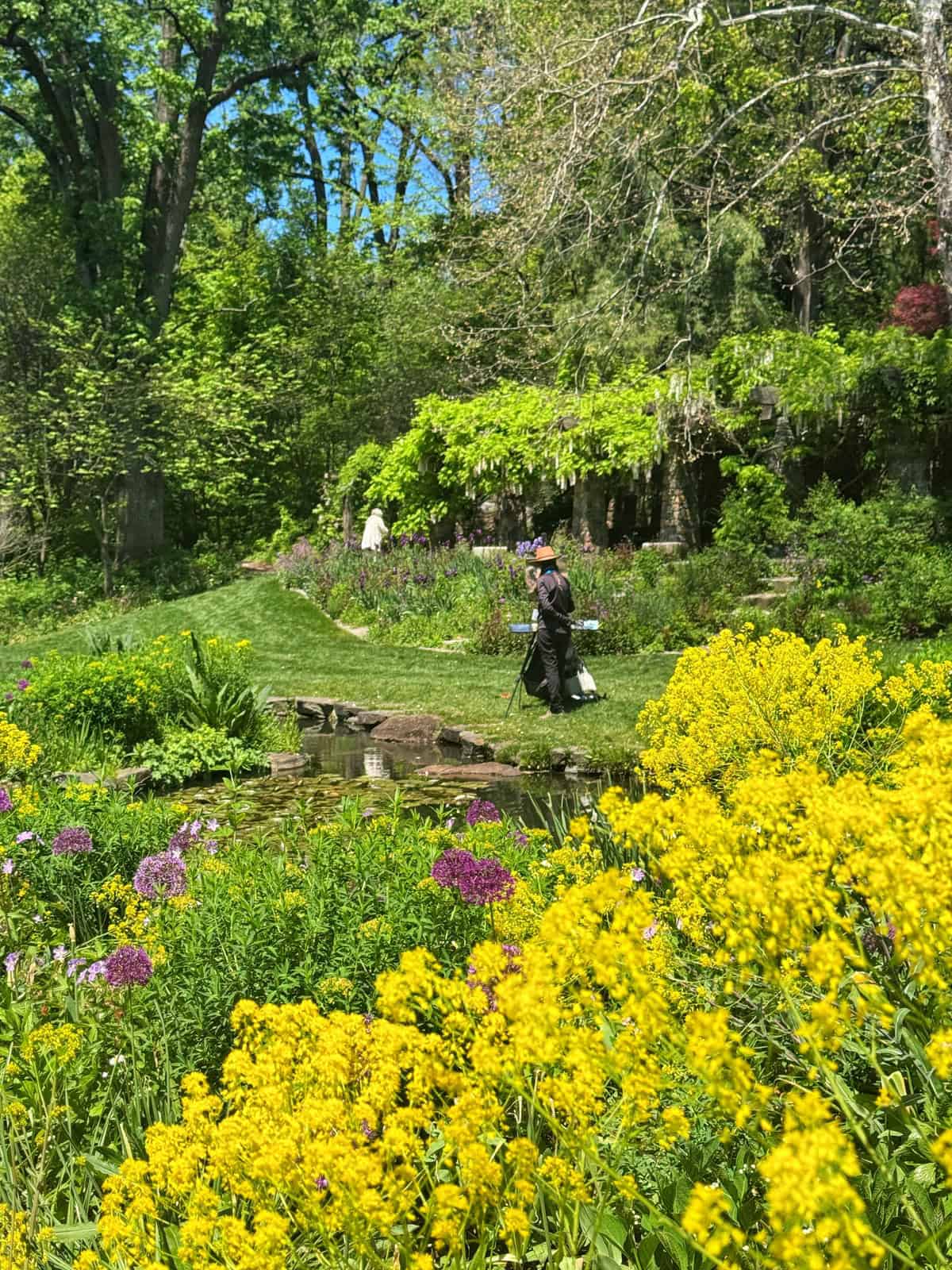 A person with a camera stands on a grassy path in a lush garden, surrounded by vibrant yellow and purple flowers, green plants, and trees under a bright blue sky. Another person walks in the background.